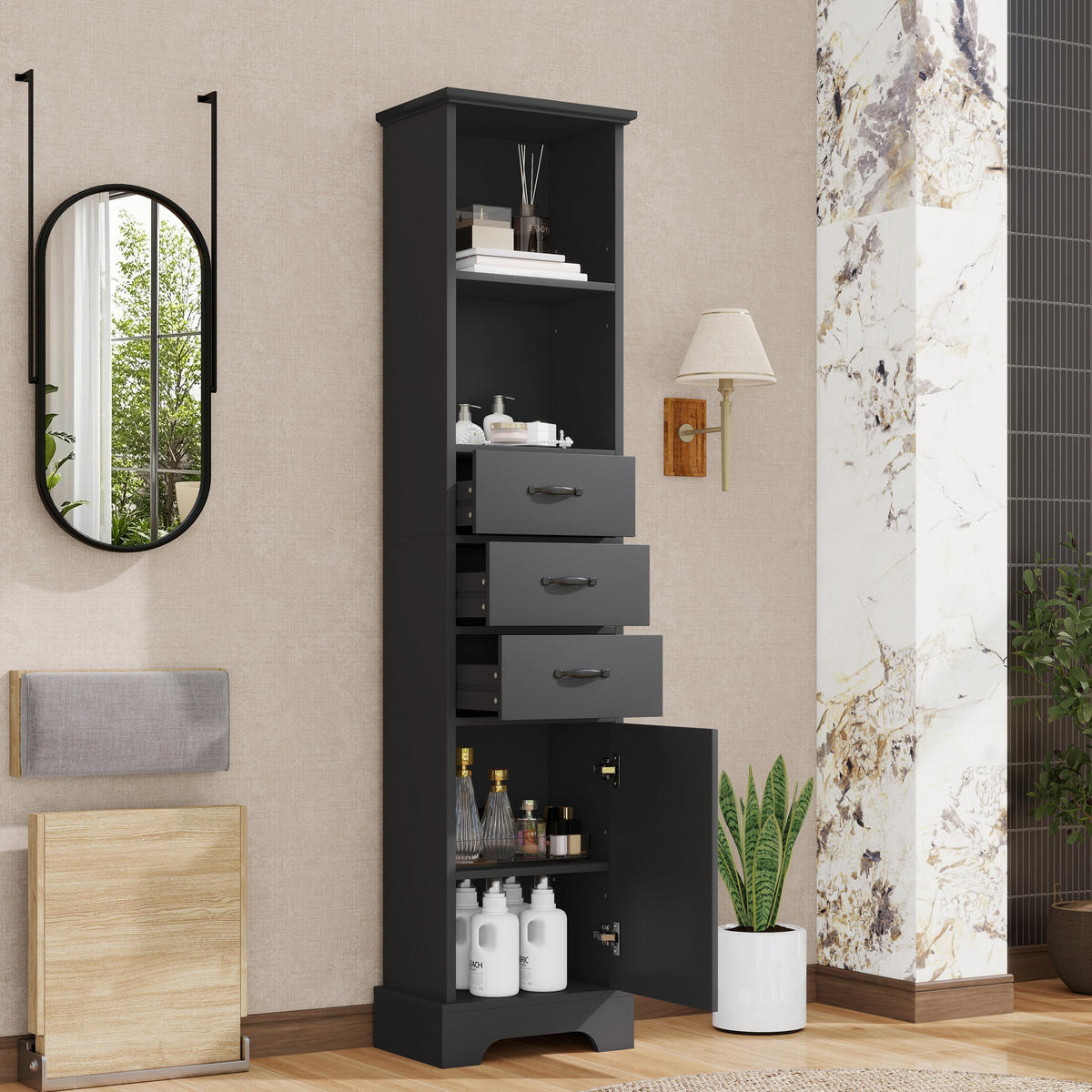 HOCHSCHRANK 38/26/172.5 cm Schwarz mit 3 Schubladen und doppelte offene Regalböden - Schwarz, Holz/Holzwerkstoff (26/172.5/38cm) - Oxeza
