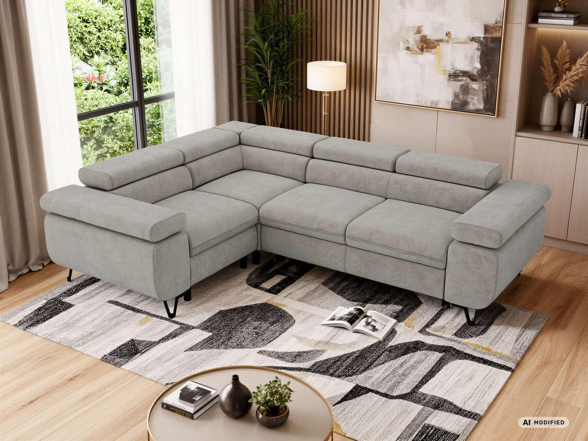 ECKSOFA FALCO L - Hellgrau Stukture - Links Seite - Hellgrau/Schwarz, Textil/Metall (197/268cm) - MKS