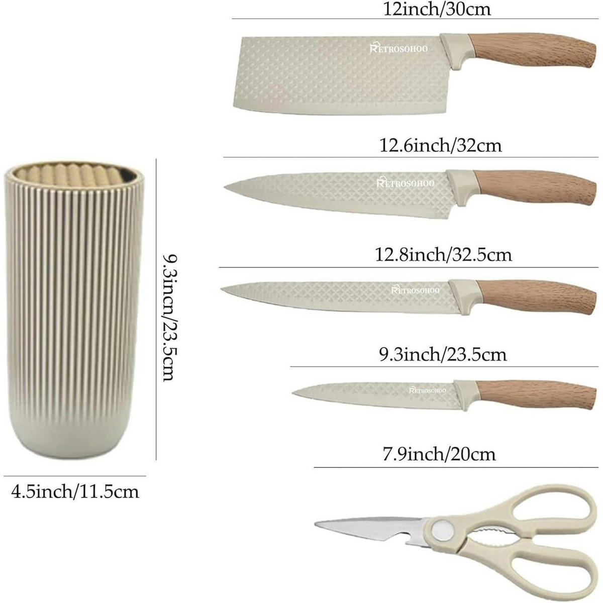 MESSER Set 6-teiliges Khaki Edelstahl mit Messerblock - Creme, Metall