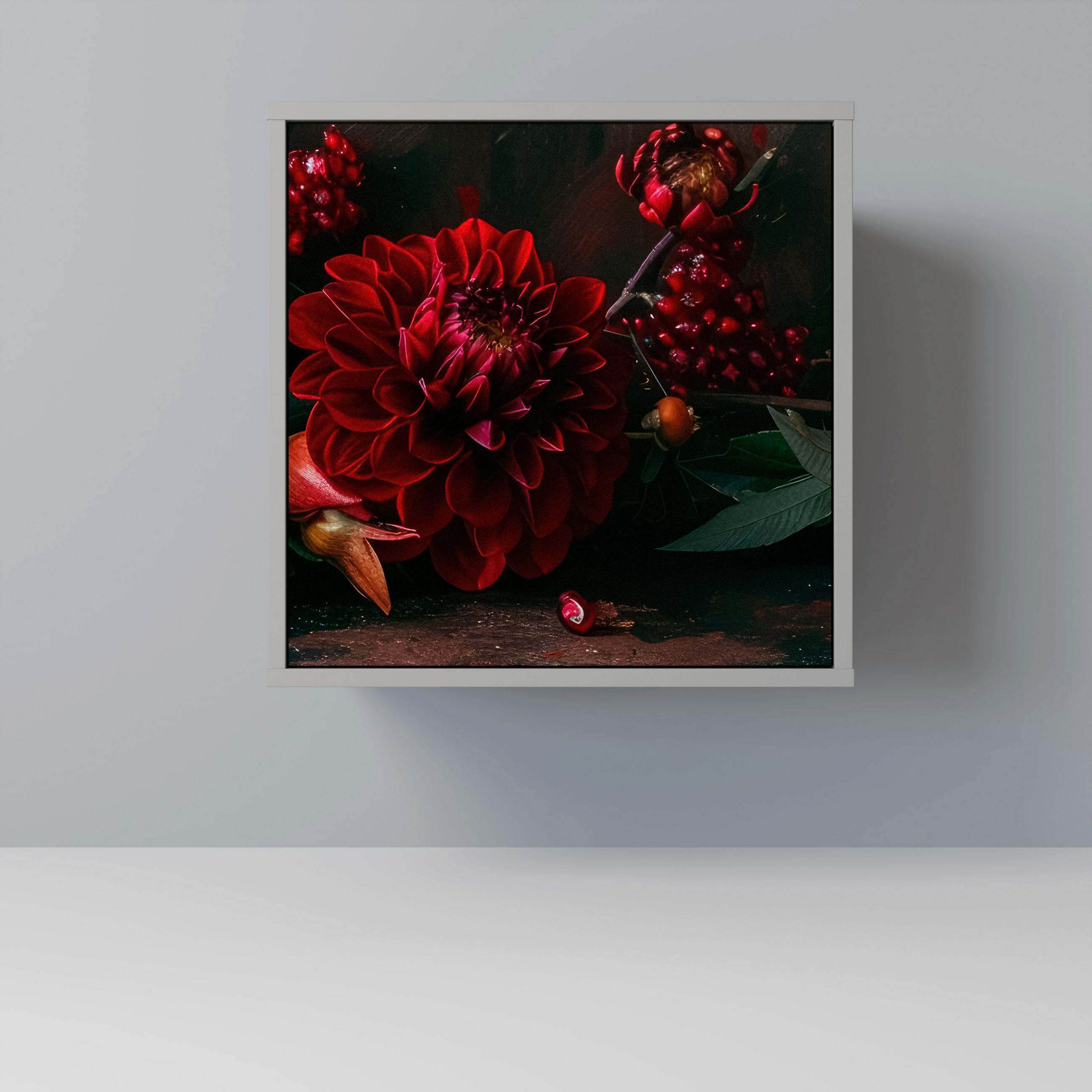 SIDEBOARD DAHLIAS AND POMEGRANATES, Grau, 57,5x42x57,5 cm, Ohne Füße - Multicolor/Grau, Holzwerkstoff (57.5/57.5/42cm) - SpaceRebels