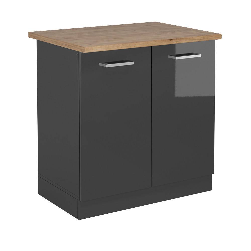 SPÜLENUNTERSCHRANK R-Line Anthrazit Hochglanz 80 cm , AP Eiche - Schwarz Hochglanz/Anthrazit, Holzwerkstoff (80/81.6/60cm) - Vicco