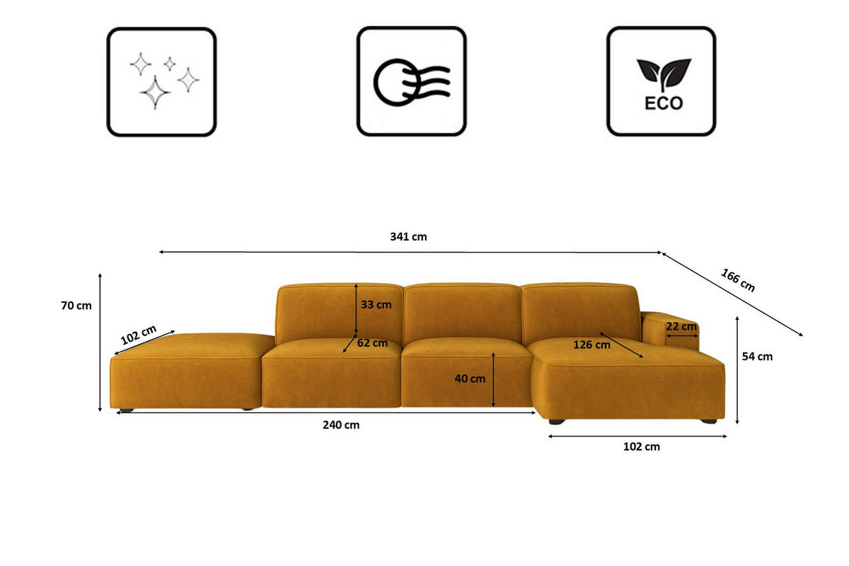 ECKSOFA Cursal L-Form, Stoff Salvador, Gelb + Hocker, Rechts - Gelb, Holz (341/166cm) - Kaiser Möbel