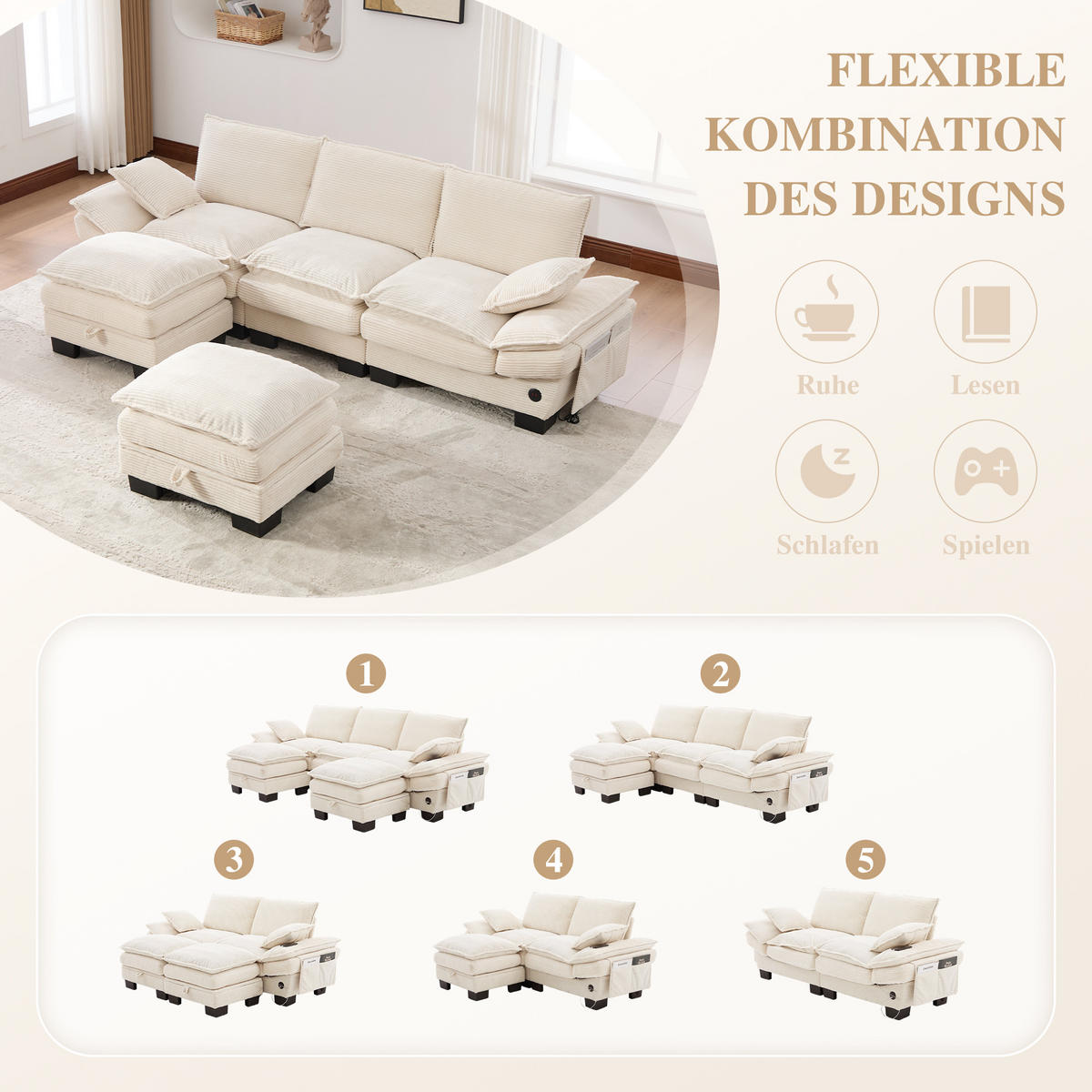 WOHNLANDSCHAFT Cord Beige mit USB-C, Seitentaschen und mit 2 Hocker - Beige, Holzwerkstoff/Kunststoff (260/84/132cm) - WISHDOR