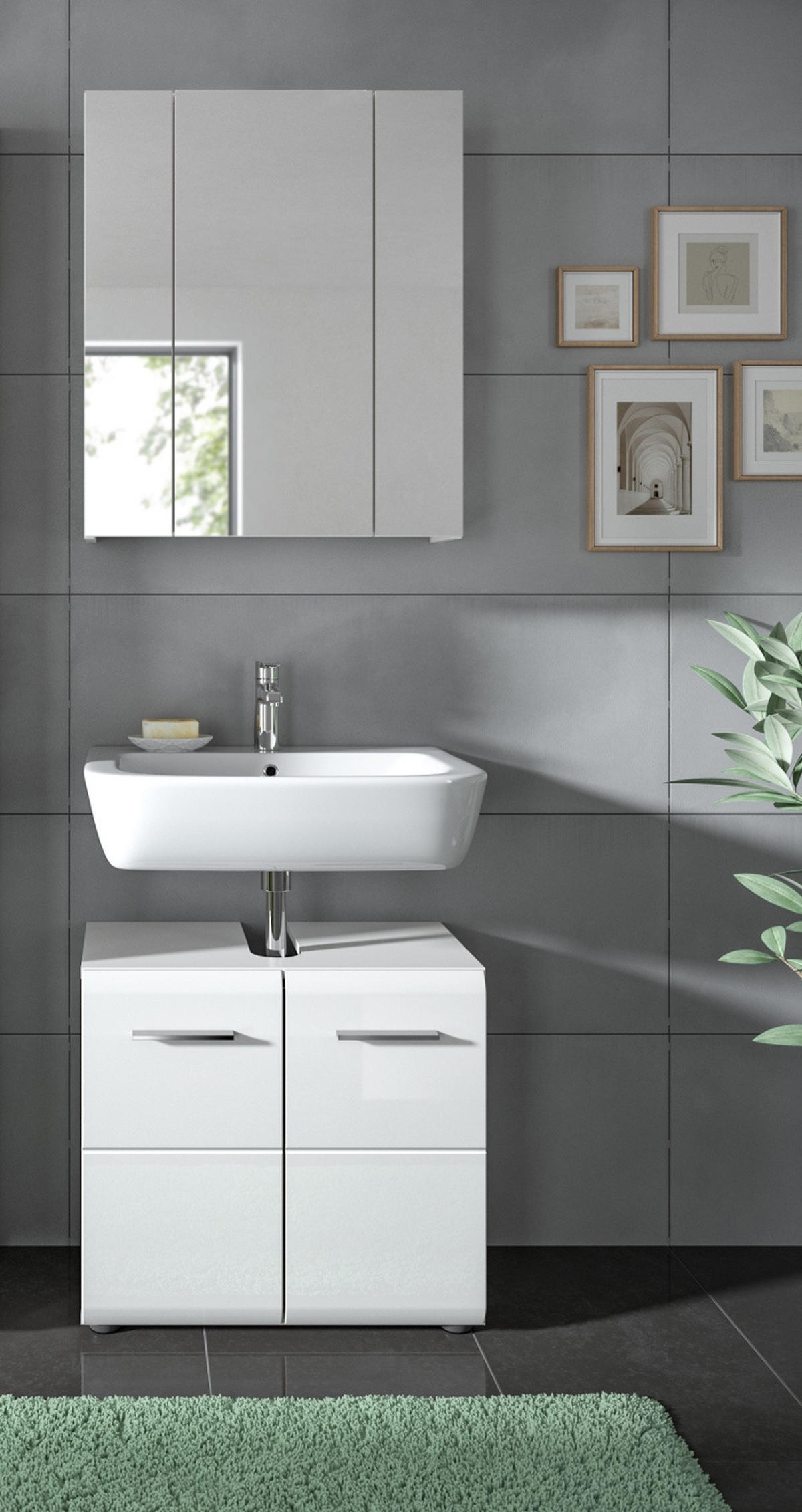 BADMÖBEL-SET weiß Hochglanz 2-teilig, Badkombination 60 cm - Weiß Hochglanz/Silberfarben, Glas/Holzwerkstoff (60/185/30cm) - Inn.Furn