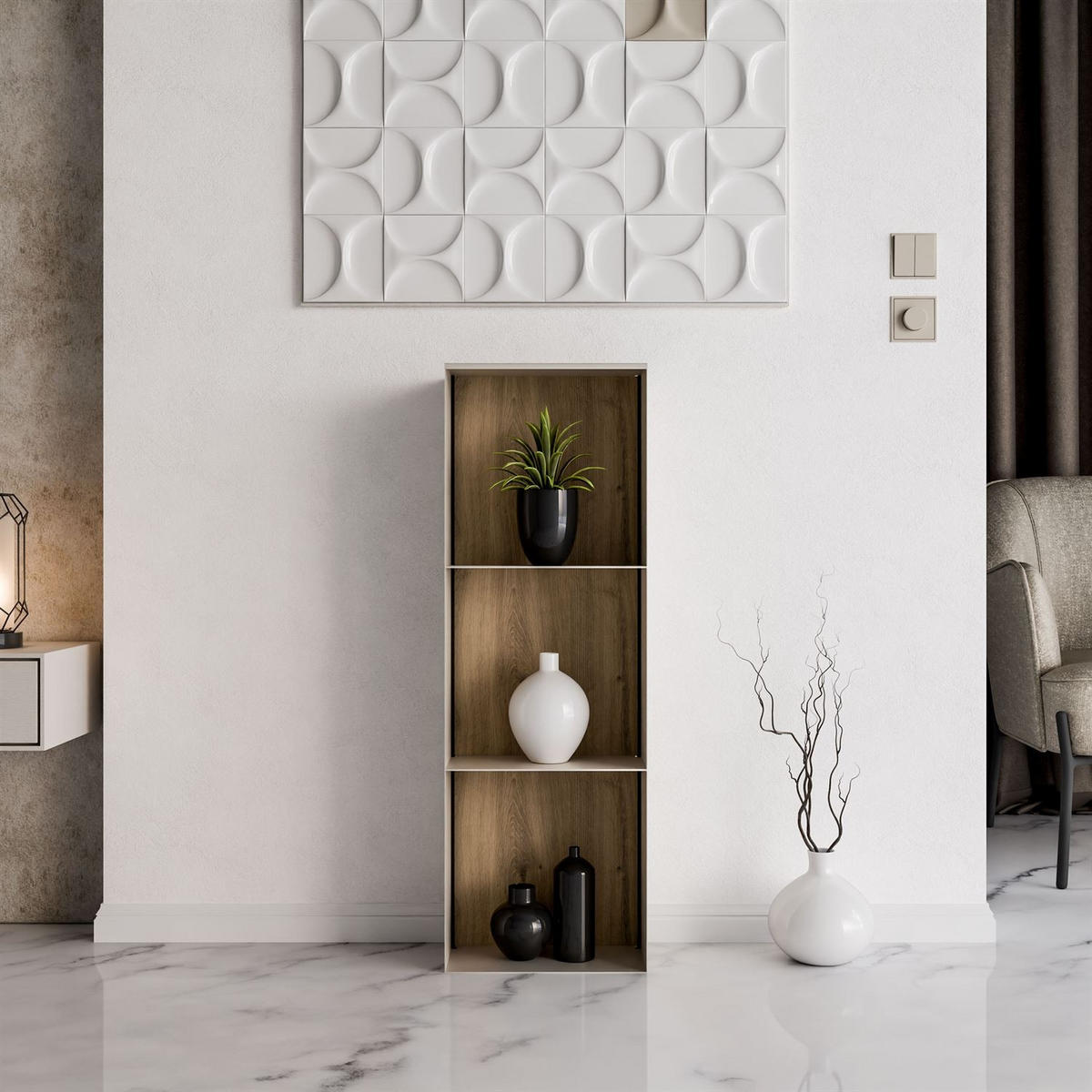 METALLREGAL QUADRO III mit LED-Beleuchtung - Kaschmir/Eiche Artisan, Holzwerkstoff (99/33/20cm) - Lookway