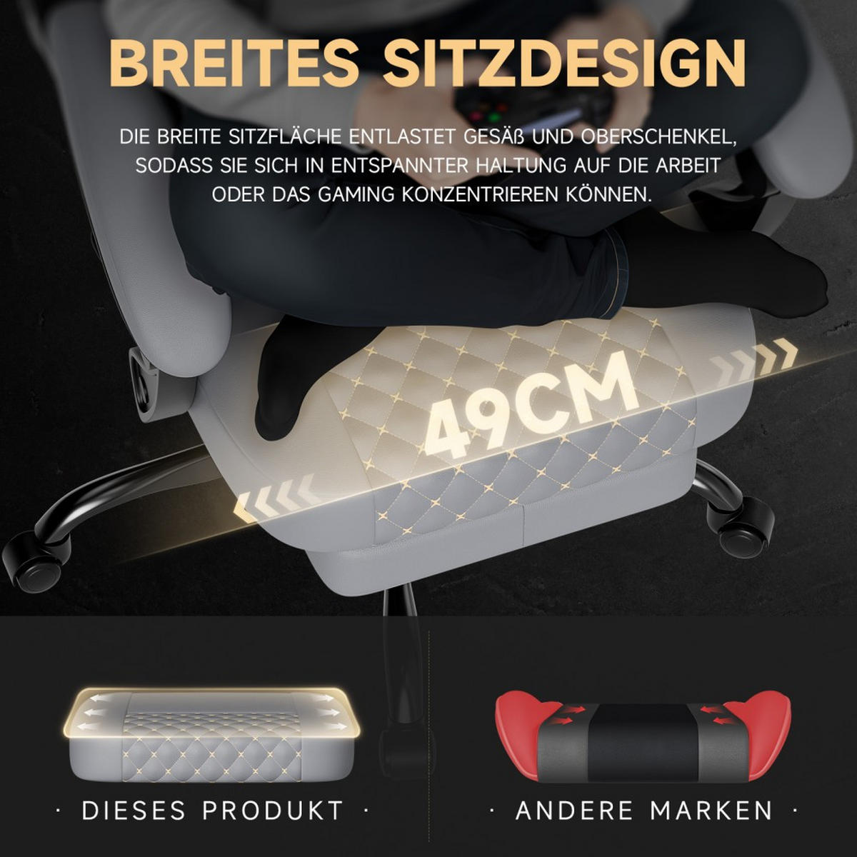 GAMING CHAIR Bürostuhl mit Massage Fußstütze ergonomisch Grau - Grau, Leder (63/120.5/58.5cm)