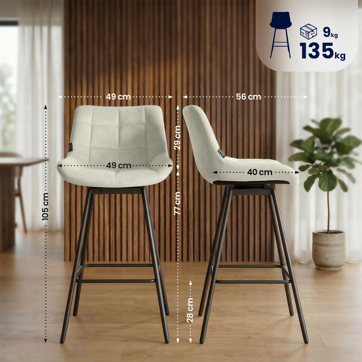 BARHOCKER Samt creme - Creme/Schwarz, Textil/Metall (49/105/56cm) - CLP
