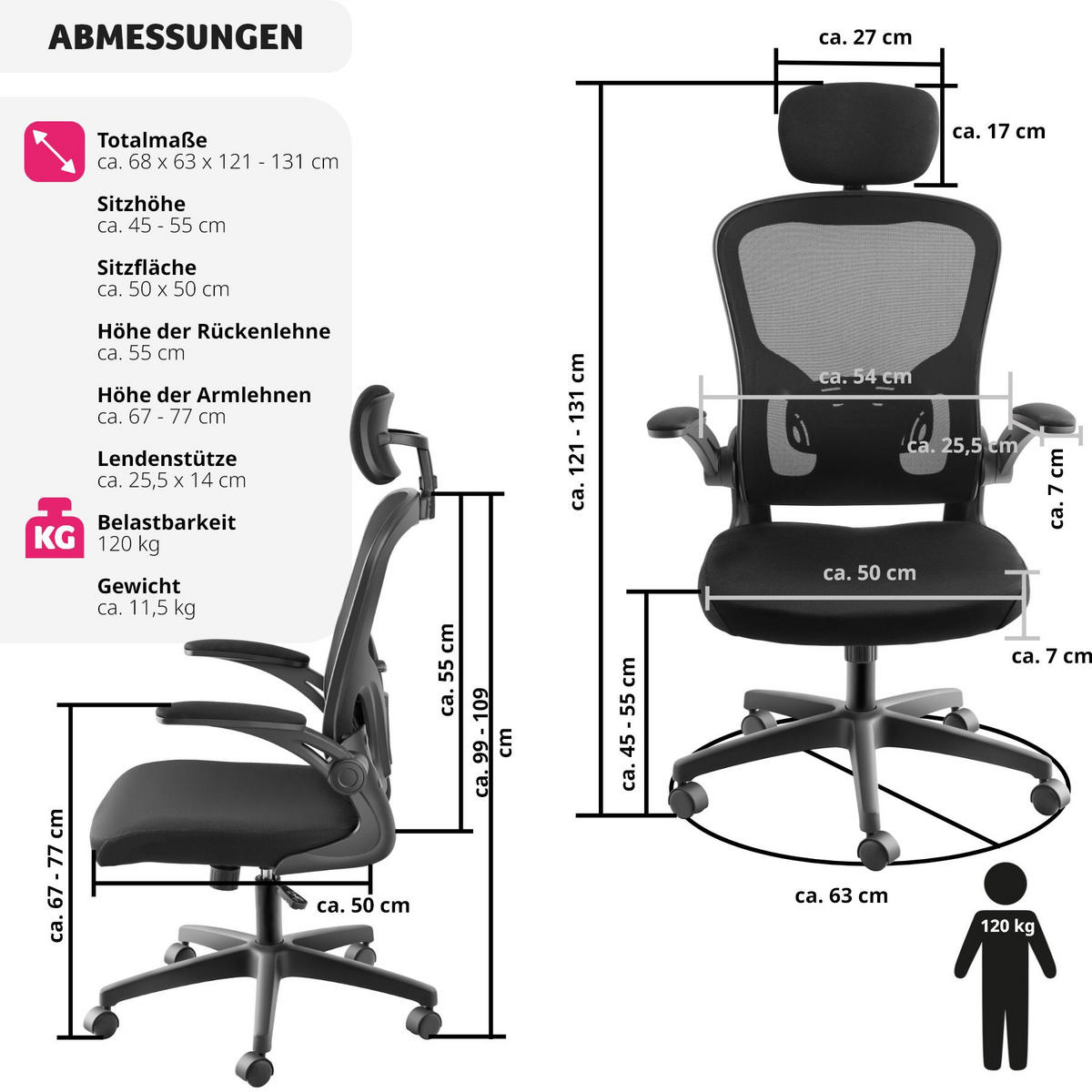 BÜROSTUHL Arges, stufenlos höhenverstellbar, schwarz - Schwarz, Kunststoff (68/131/63cm) - tectake