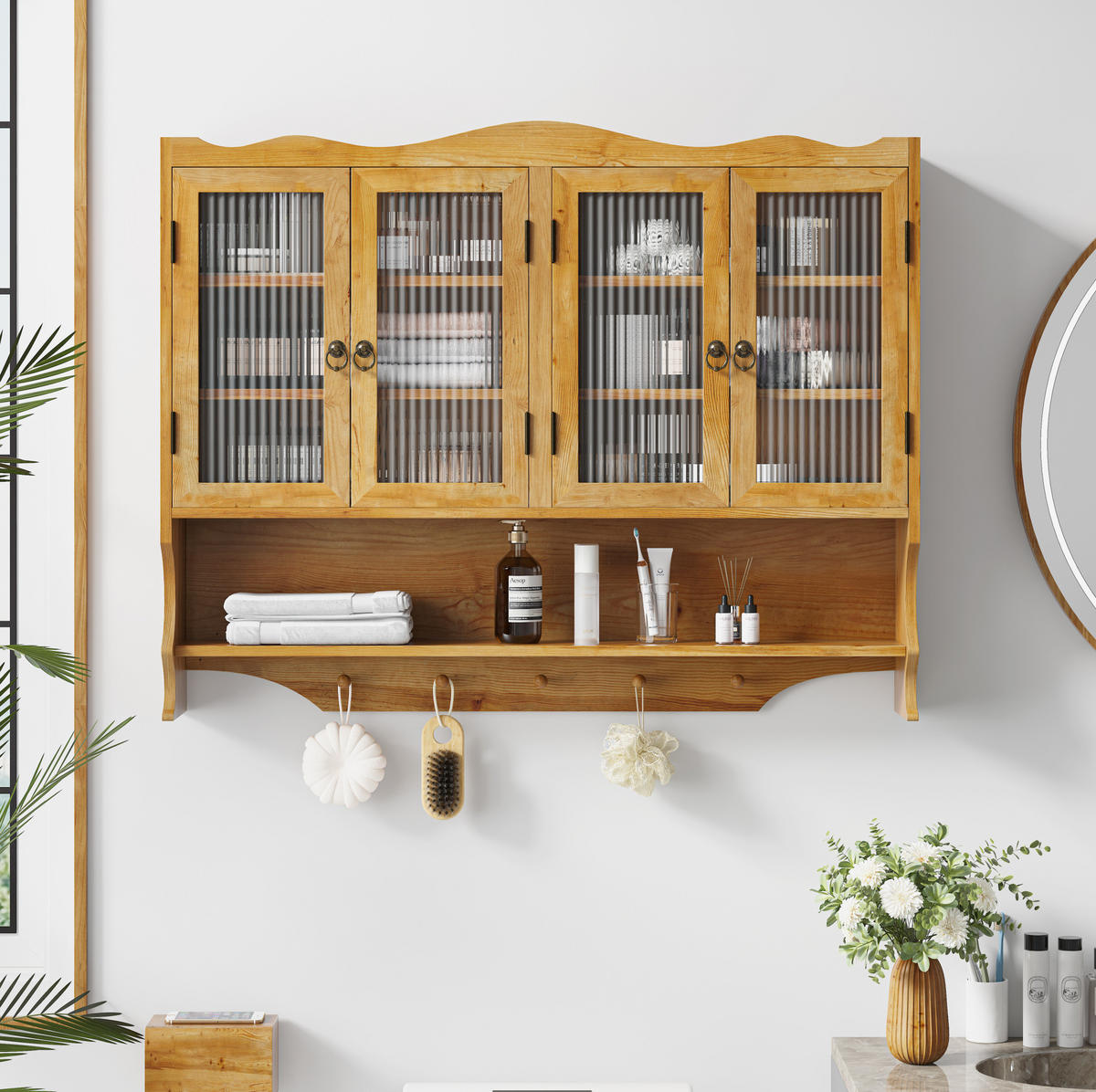 KÜCHENOBERSCHRANK 100/20/80 cm mit 4 Türen, offenen Haken und herausnehmbaren Böden, Massivholz und Glas, Natur - Naturfarben, Holz (100/80/20cm) - Redom