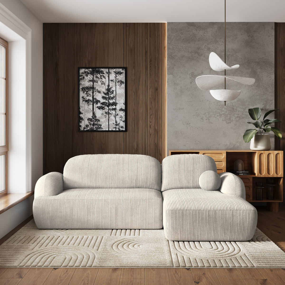 ROHOVÁ SEDAČKA MODENZA krémová - černá/krémová, dřevo/textil (266/148cm) - MASSENO