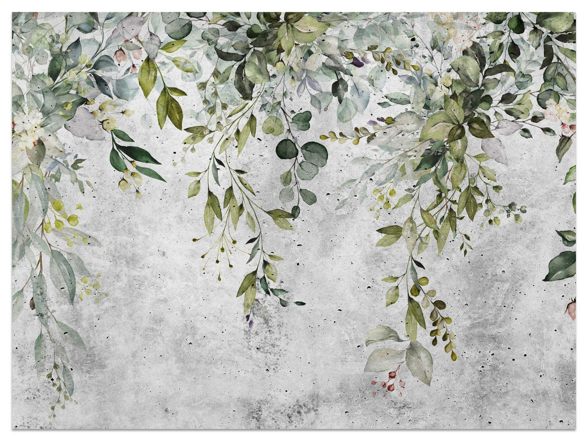 FOTOTAPETE Blätter auf Beton Abstraktion Vintage 350x256 - Grau/Grün, Papier (350/256cm) - Muralo