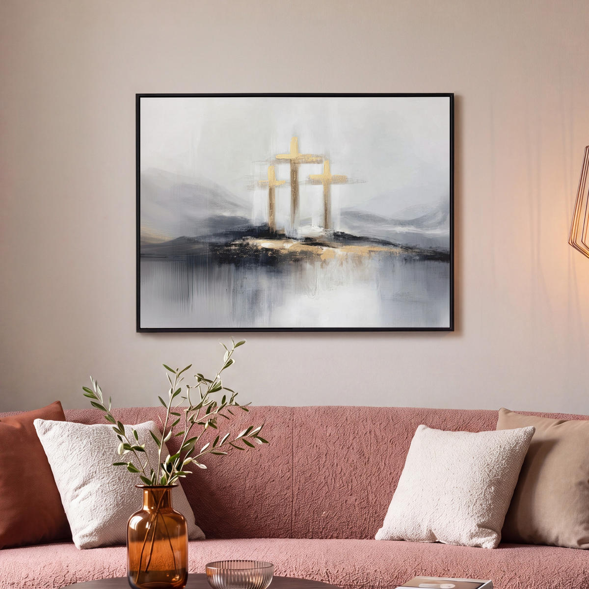 LEINWAND Bilder mit Rahmen - Abstrakt - Malerei - Christentum - Kreuz - 80x60 - Weiß, Textil (80/60cm) - MuchoWow