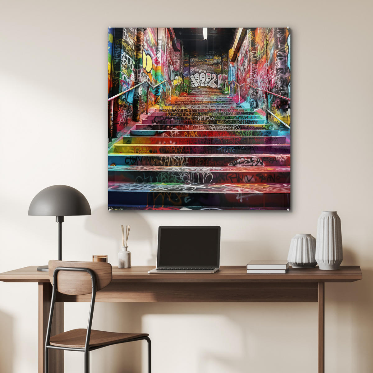 ACRYLGLASBILD Treppe - Graffiti - Farben - Kunst 90x90 cm - Multicolor, Glas (90/90cm) - MuchoWow