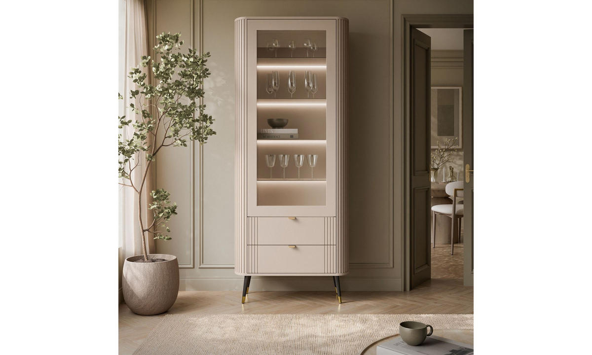 VITRINE YVETTE 78/40/192 cm Kaschmir 2 Schubladen mit LED - Kaschmir/Goldfarben, Holzwerkstoff/Metall (78/192/40cm) - Lookway