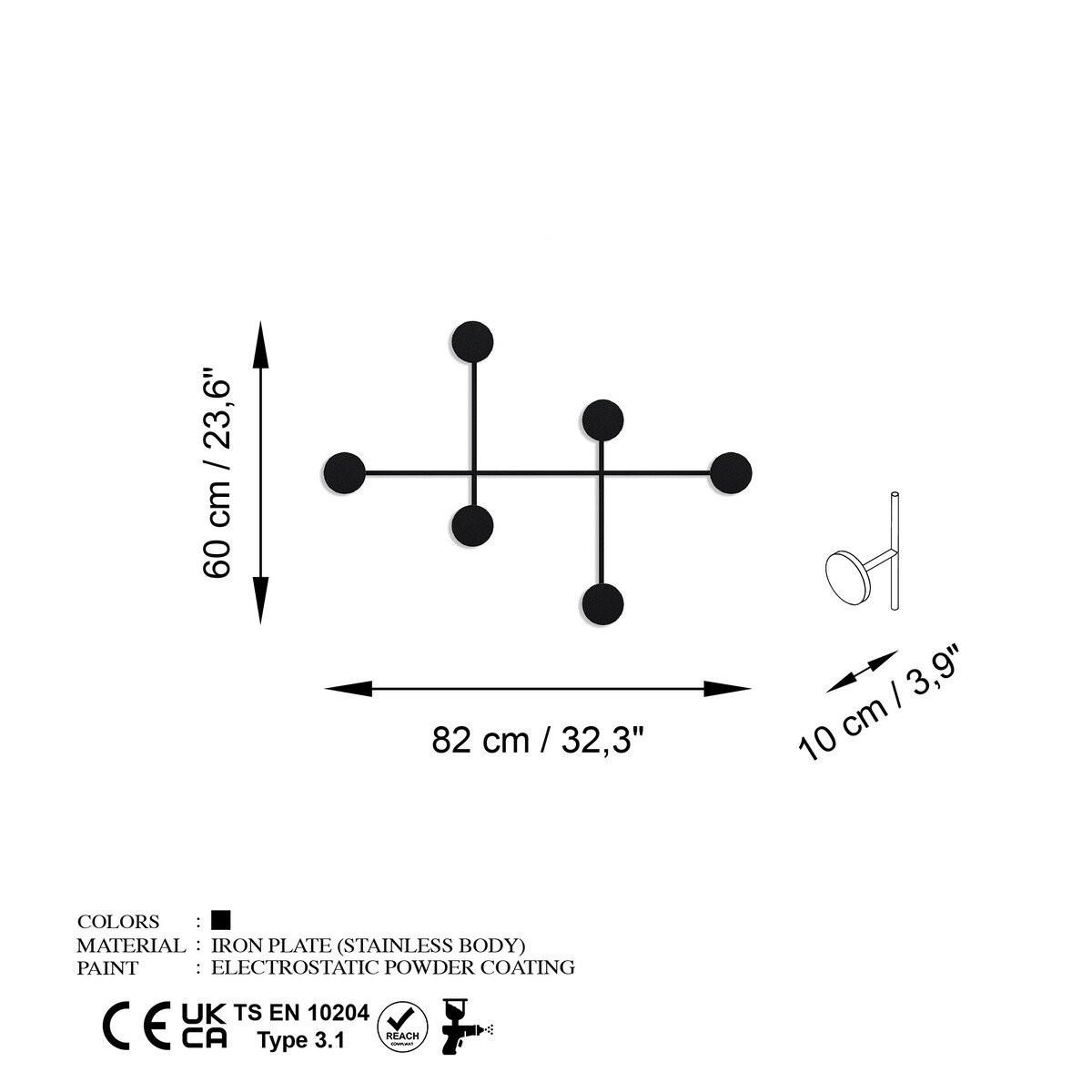 NÁSTĚNNÝ věšák na kabáty se 6 kovovými háčky, výška 60 cm - DAMA - černá, kov (10/60/82cm) - Calicosy