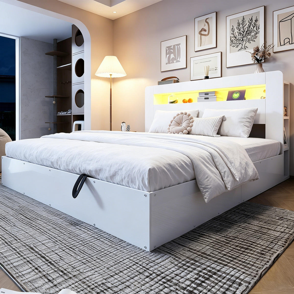 BETT 180/200 cm in Weiß aus Holz mit Bettkasten, LED und Steckdosen - Weiß, Holz/Holzwerkstoff (180/200cm) - WISHDOR