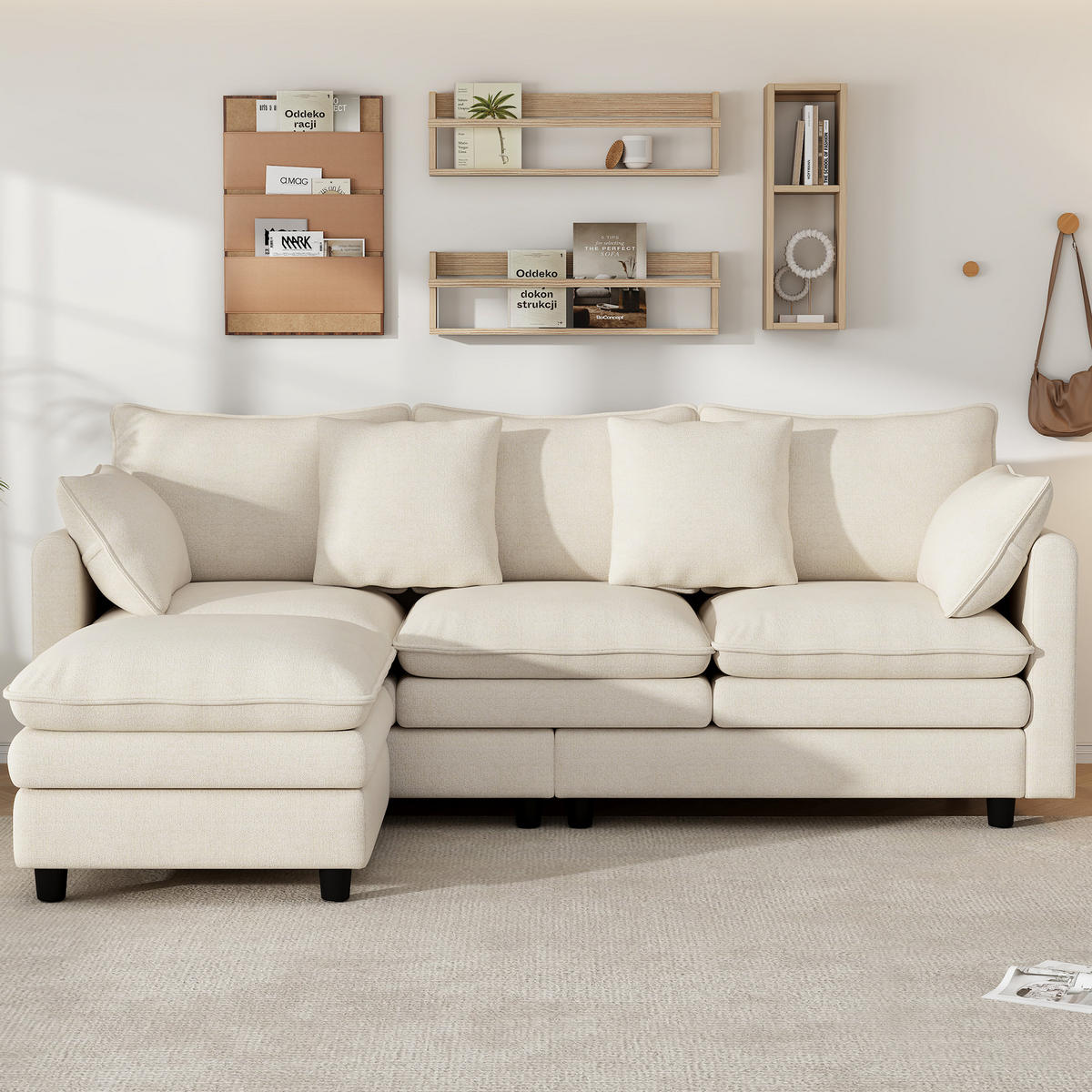 ECKSOFA 212/150/90 cm Beige mit 4 Zierkissen und 3 Rückenlehnen - Beige/Schwarz, Textil (212/150cm) - Oxeza