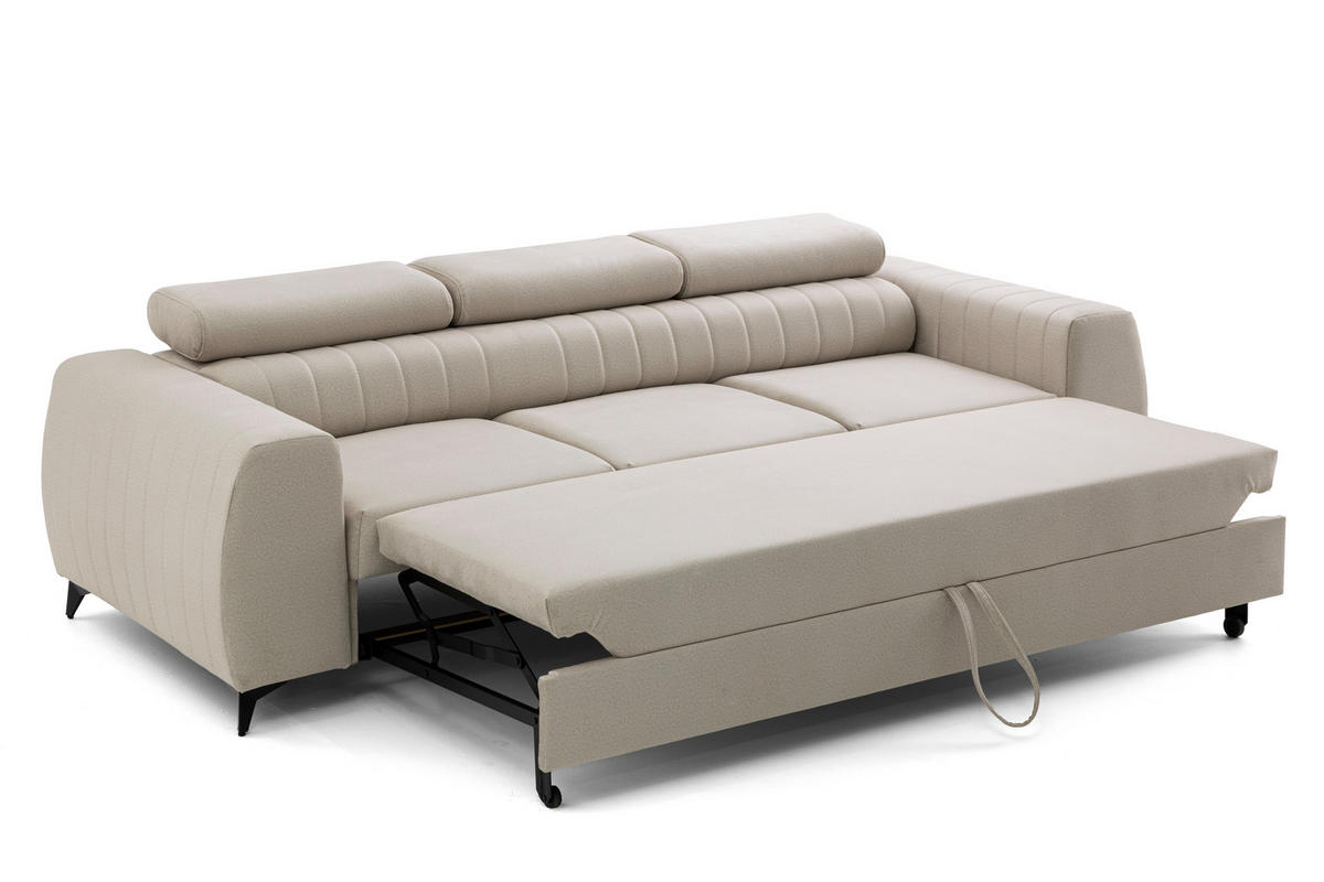 3-SITZER-SOFA PIERO mit Schlaffunktion 125x195 Velours Creme - Creme/Schwarz, Holz/Textil (260/90/100cm) - Muffo