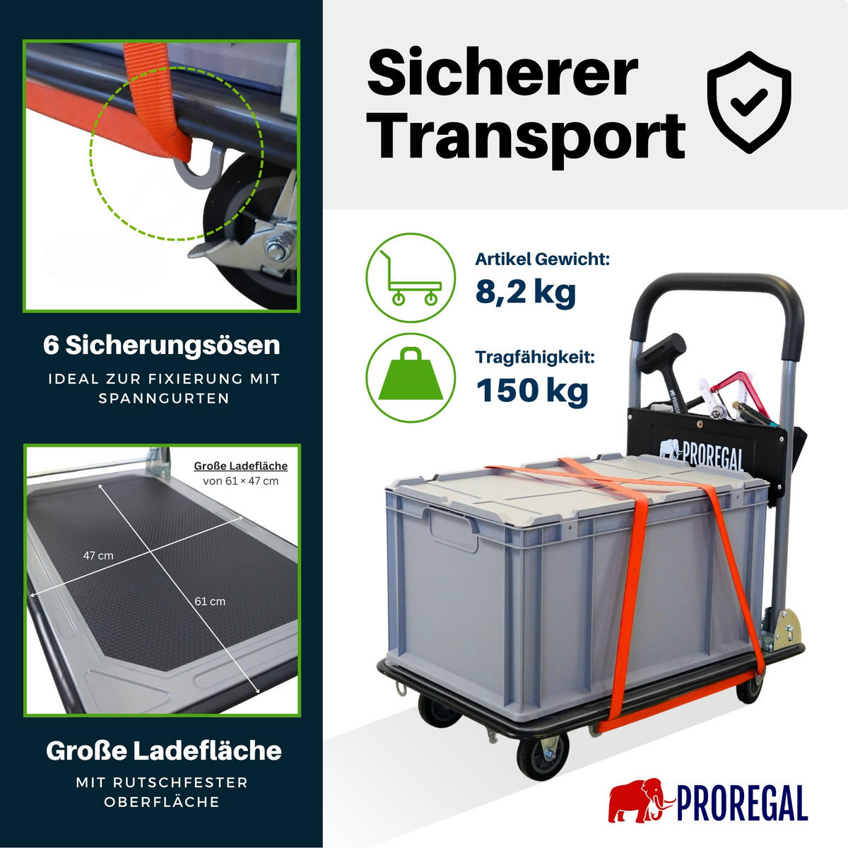 PLATTFORMWAGEN Transportwagen Rhino 150kg klappbar mit Gummiräder und Werkzeugtasche - Schwarz, Metall (73/47/83cm) - PROREGAL