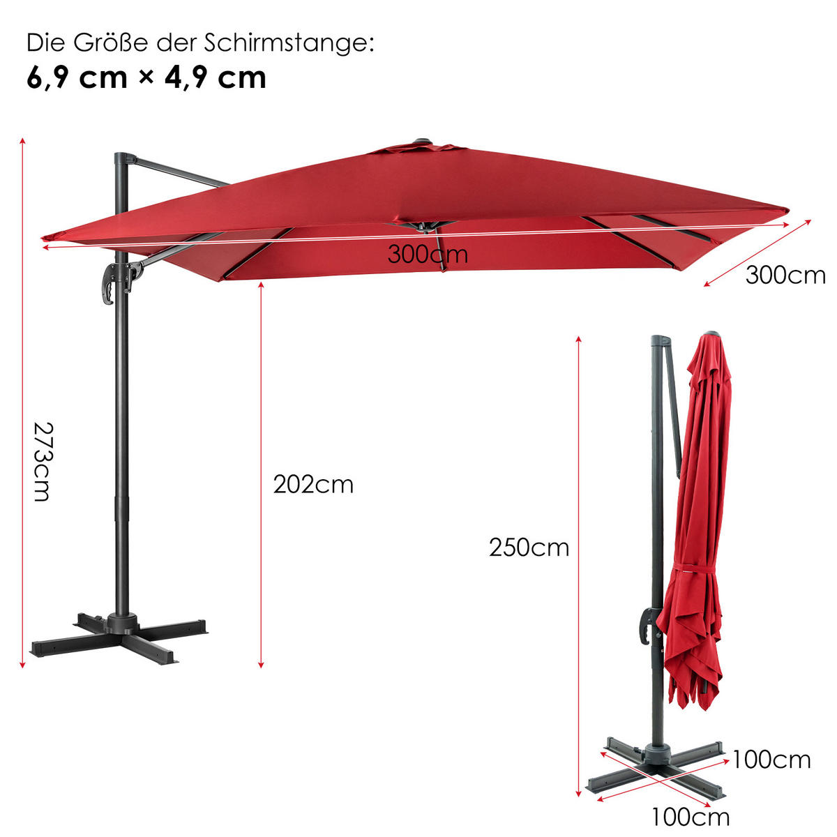 OSVETLENÝ 300 cm vínovo červený - vínovočervená, kov (300/300cm) - COSTWAY