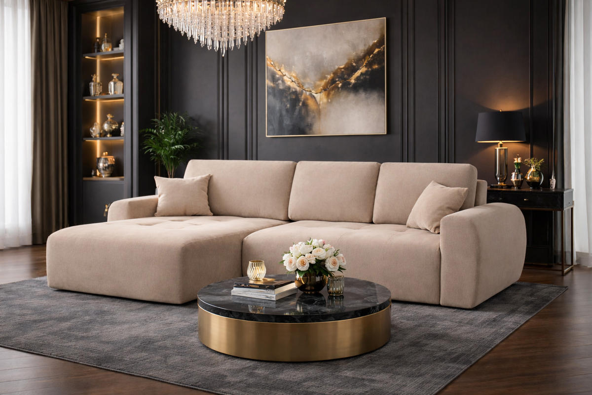 ECKSOFA Mit Schlaffunktion Und Bettkasten L-Form Ivo L, Veloursstoff Salvador, Beige, Links - Beige, Holz (250/142cm) - Kaiser Möbel