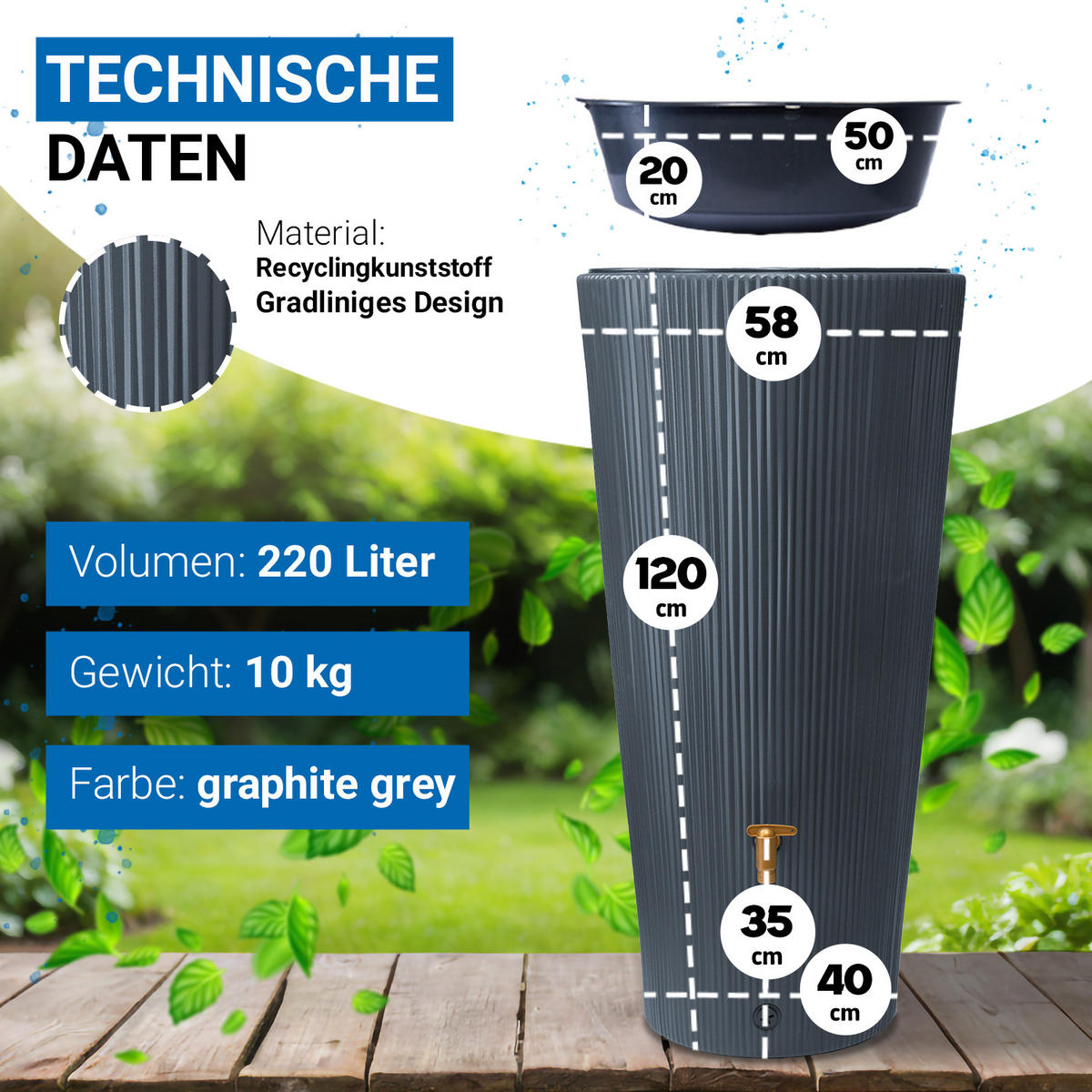 2IN1 Regentonne 220 L, graphite grey - Grau, Kunststoff (58/120/58cm) - 4rain