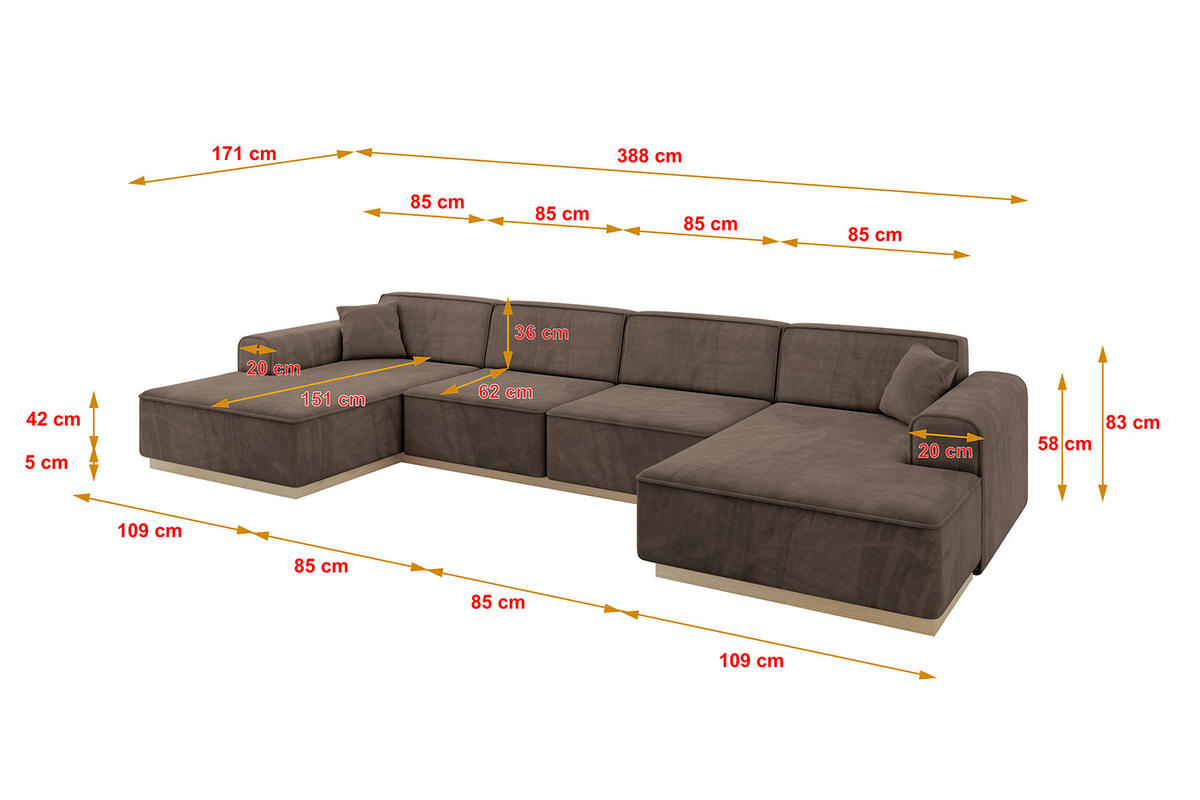 WOHNLANDSCHAFT IREA-U2 - 388x171x83 cm Braun - Braun, Holzwerkstoff/Textil (388/83/171cm) - ALTDECOR