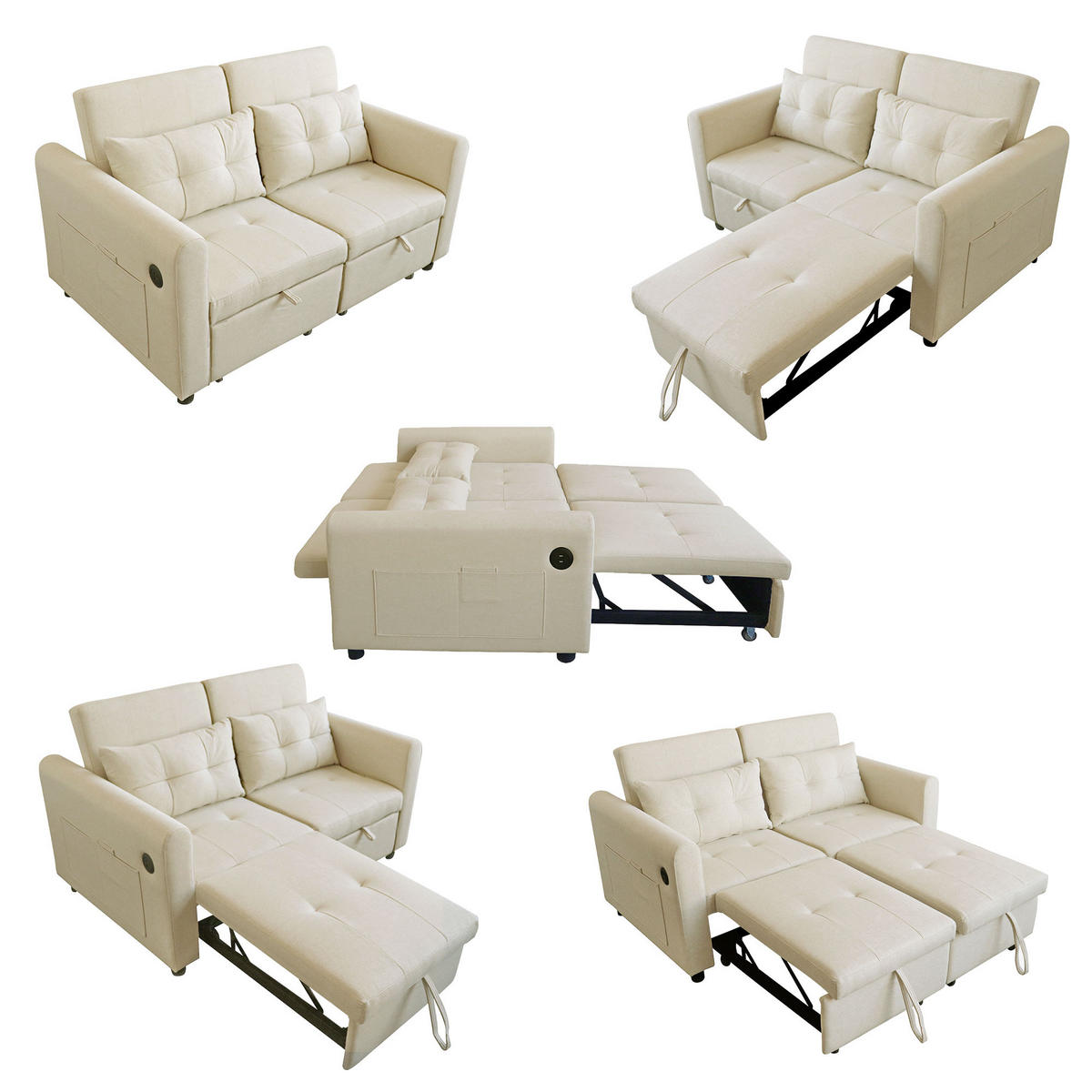 SCHLAFSOFA 3-in-1 mit USB, Armlehnentaschen und Kissen - Beige, Textil (142/83/85cm)