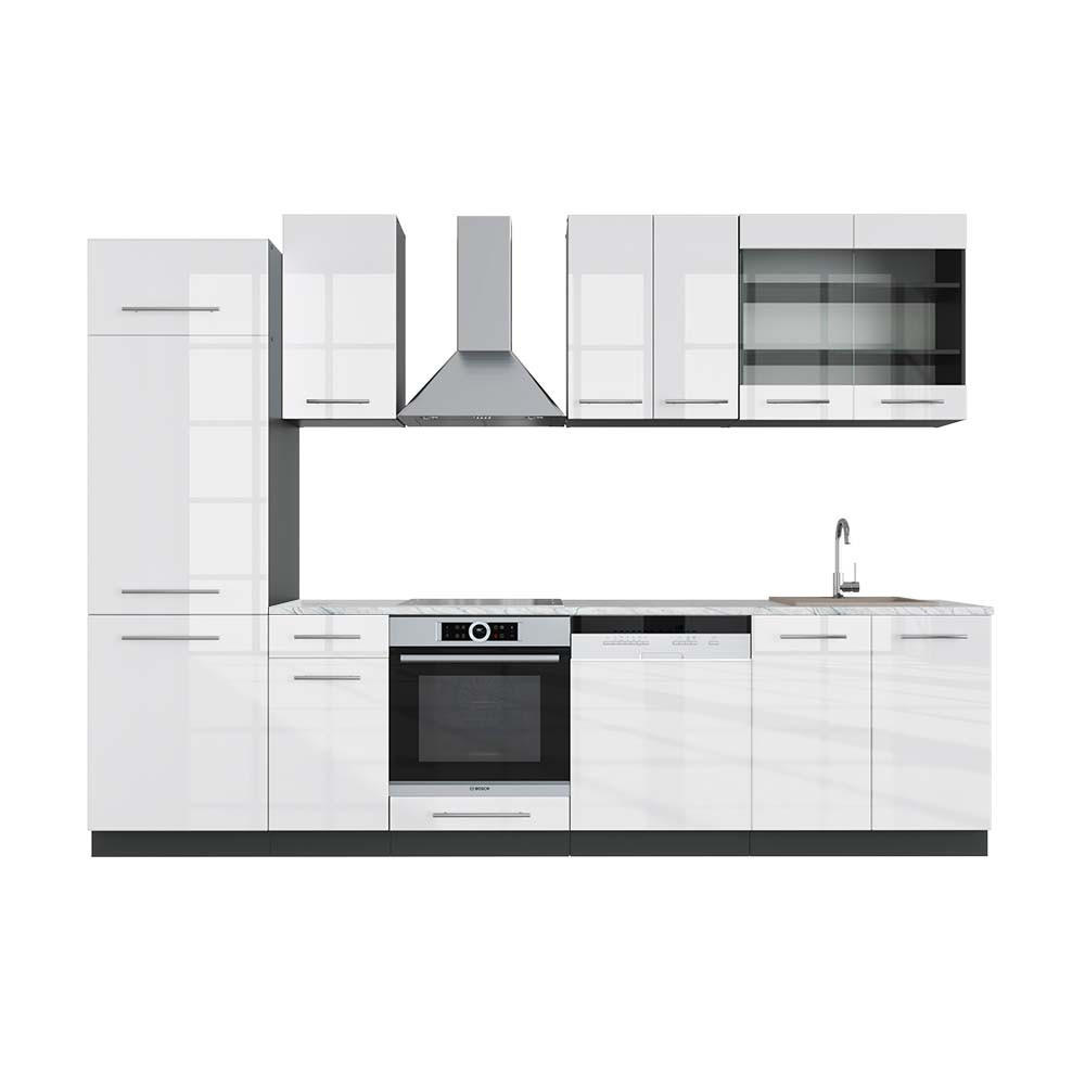 KÜCHENZEILE Fame-Line Weiß Hochglanz/Anthrazit 300 cm, AP Marmor - Weiß Hochglanz/Anthrazit, Holzwerkstoff (300/81.6/60cm) - Vicco