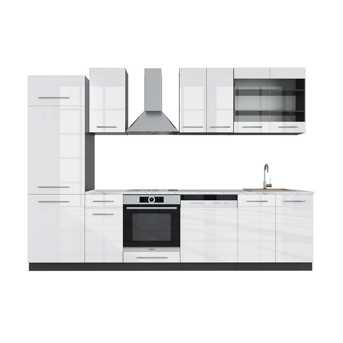 KÜCHENZEILE Fame-Line Weiß Hochglanz/Anthrazit 300 cm, AP Marmor - Weiß Hochglanz/Anthrazit, Holzwerkstoff (300/81.6/60cm) - Vicco