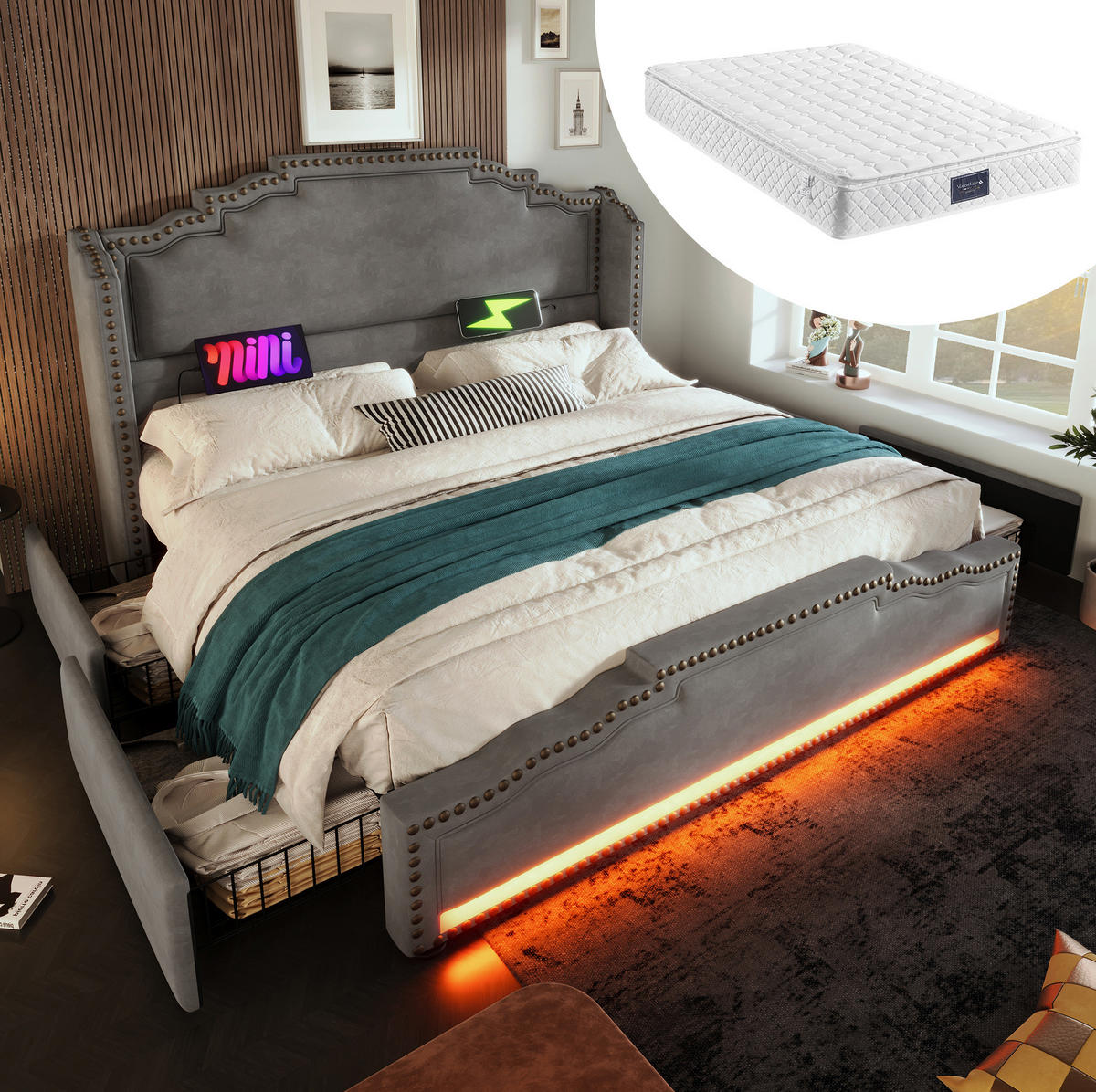 TAPECIRANI krevet od baršuna 140x200 cm sivi s madracem, LED rasvjetom, USB-C priključkom i 4 ladice za odlaganje - siva, tekstil (140/200cm) - Modfu