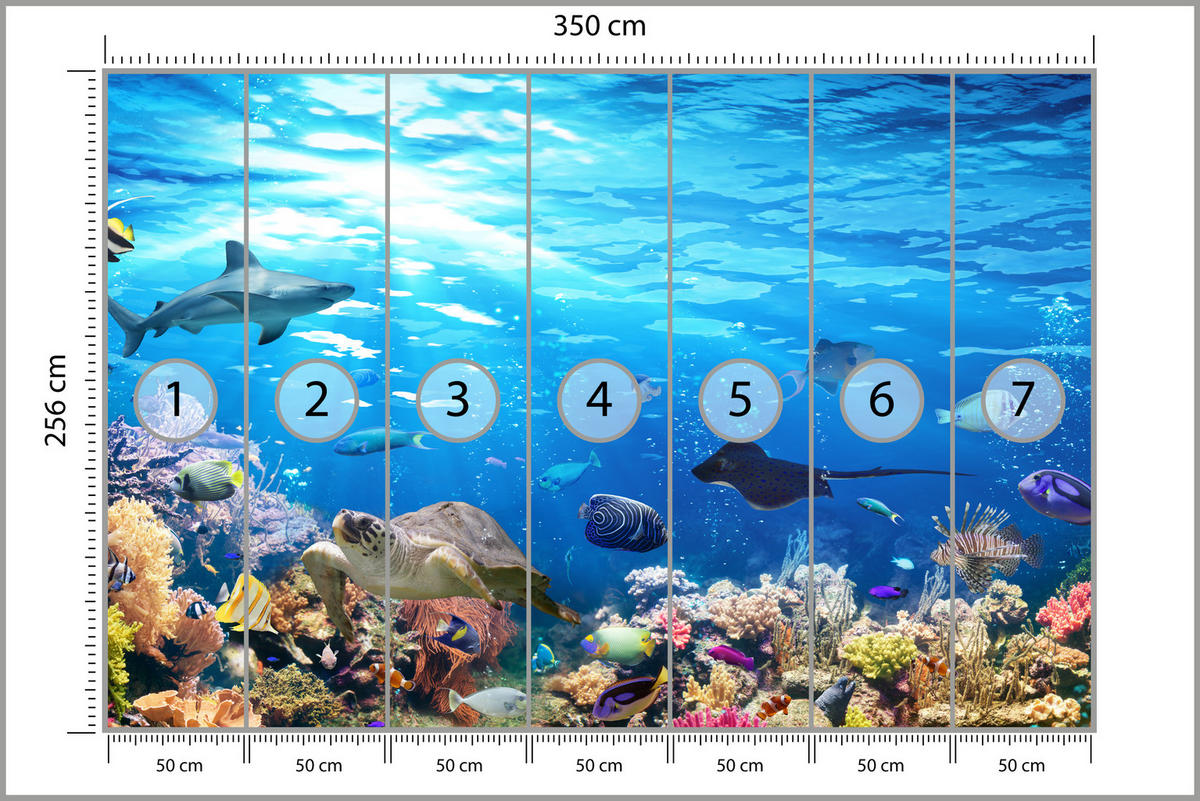 FOTOTAPETE für Badezimmer Korallenriff Schildkröte Hai Fisch 350x256 - Blau/Gelb, Papier (350/256cm) - Muralo