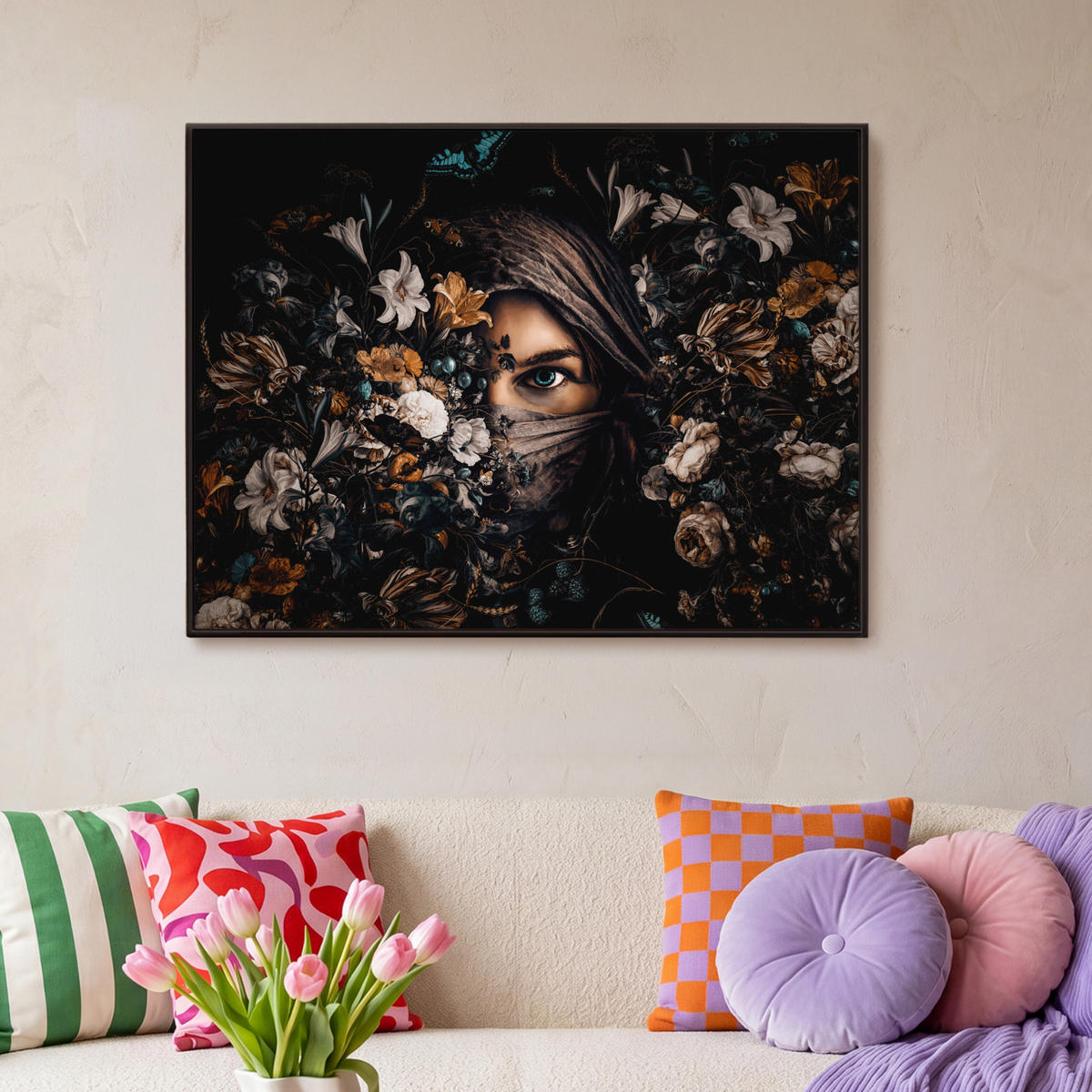 LEINWAND Bilder mit Rahmen - Frau - Luxus - Blumen - Schmetterling - Porträt - 100x70 - Schwarz, Textil (100/70cm) - MuchoWow