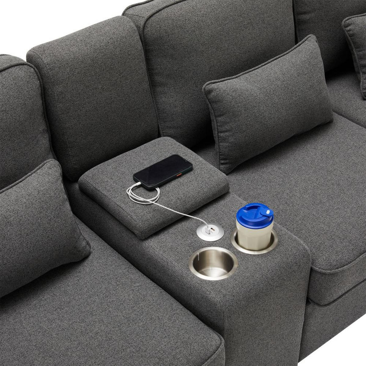 VIERSITZER-SOFA in Dunkelgrau Leinen mit Konsole - Dunkelgrau, Textil (83/88/290cm) - KOMHTOM