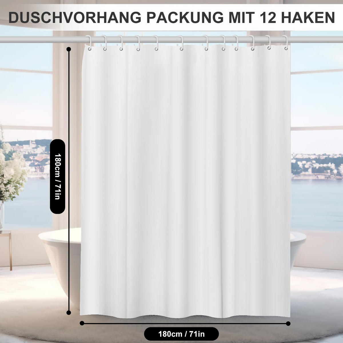 DUSCHVORHANG EVA transparent schimmelresistent waschbar mit Ringen - Weiß, Textil (180/180cm) - MCBOSON