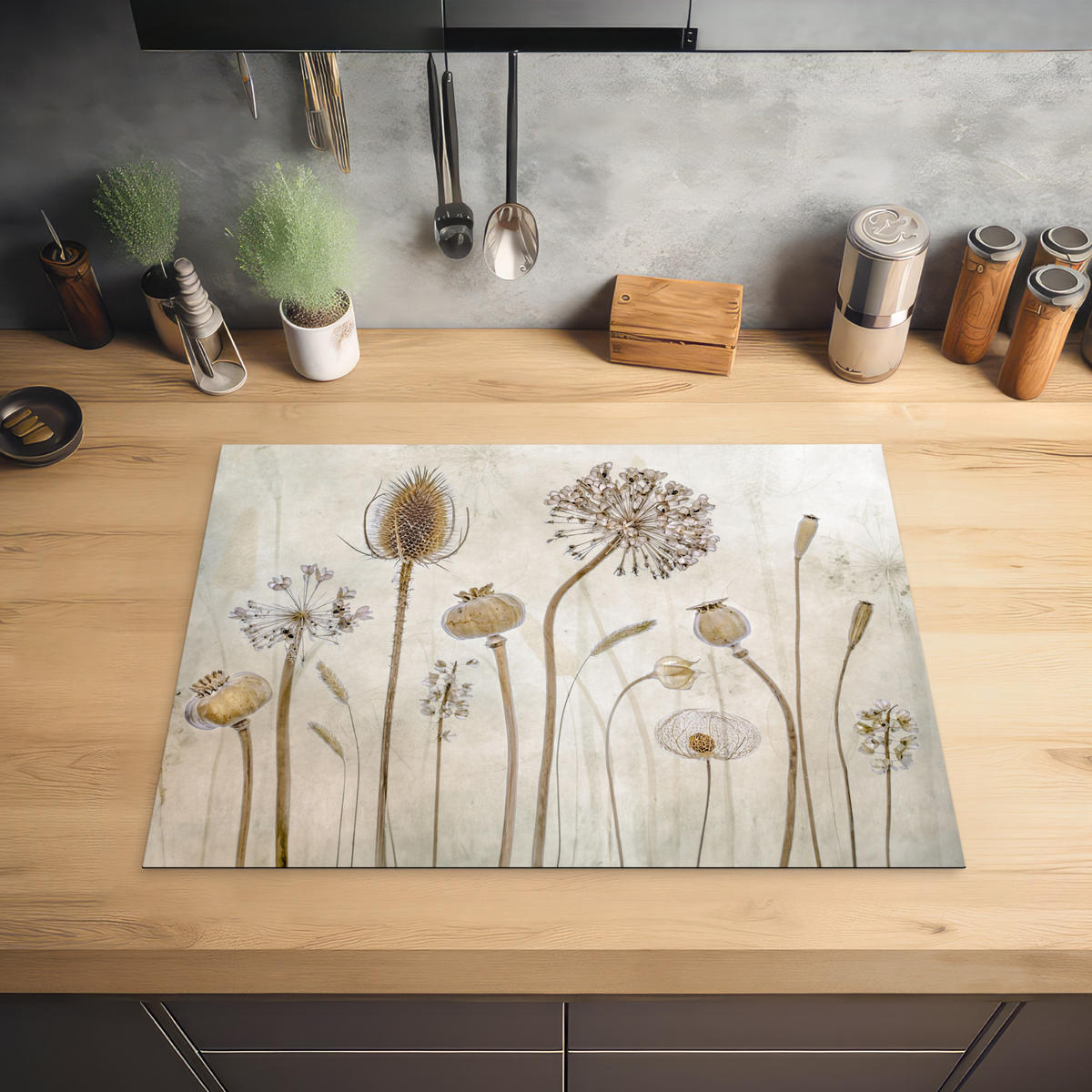 HERABDECKPLATTE - Blumen - Aquarell - Stilleben - Braun - Vintage - 71x52 - Sandfarben, Kunststoff (71/52.5/0.2cm) - MuchoWow
