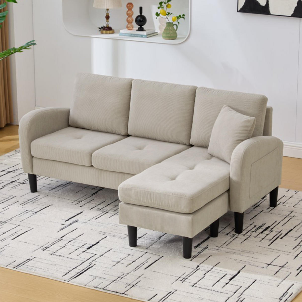 3-SITZER ECKSOFA Cord Braungrau mit Chaiselongue - Hellbraun, Holzwerkstoff/Kunststoff (166/118cm) - WISHDOR