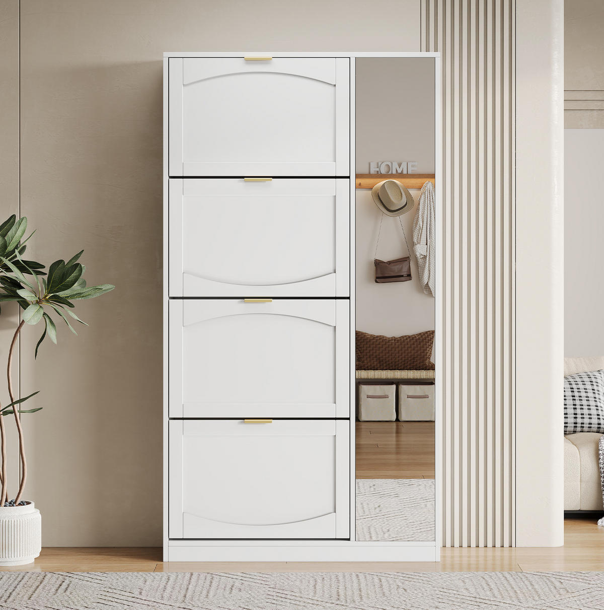 SCHUHSCHRANK 24/80/147 cm mit Spiegeltüren, 4 Klappen und verstellbaren Einlegeböden, Weiß - Weiß, Holzwerkstoff (80/147/24cm) - Redom