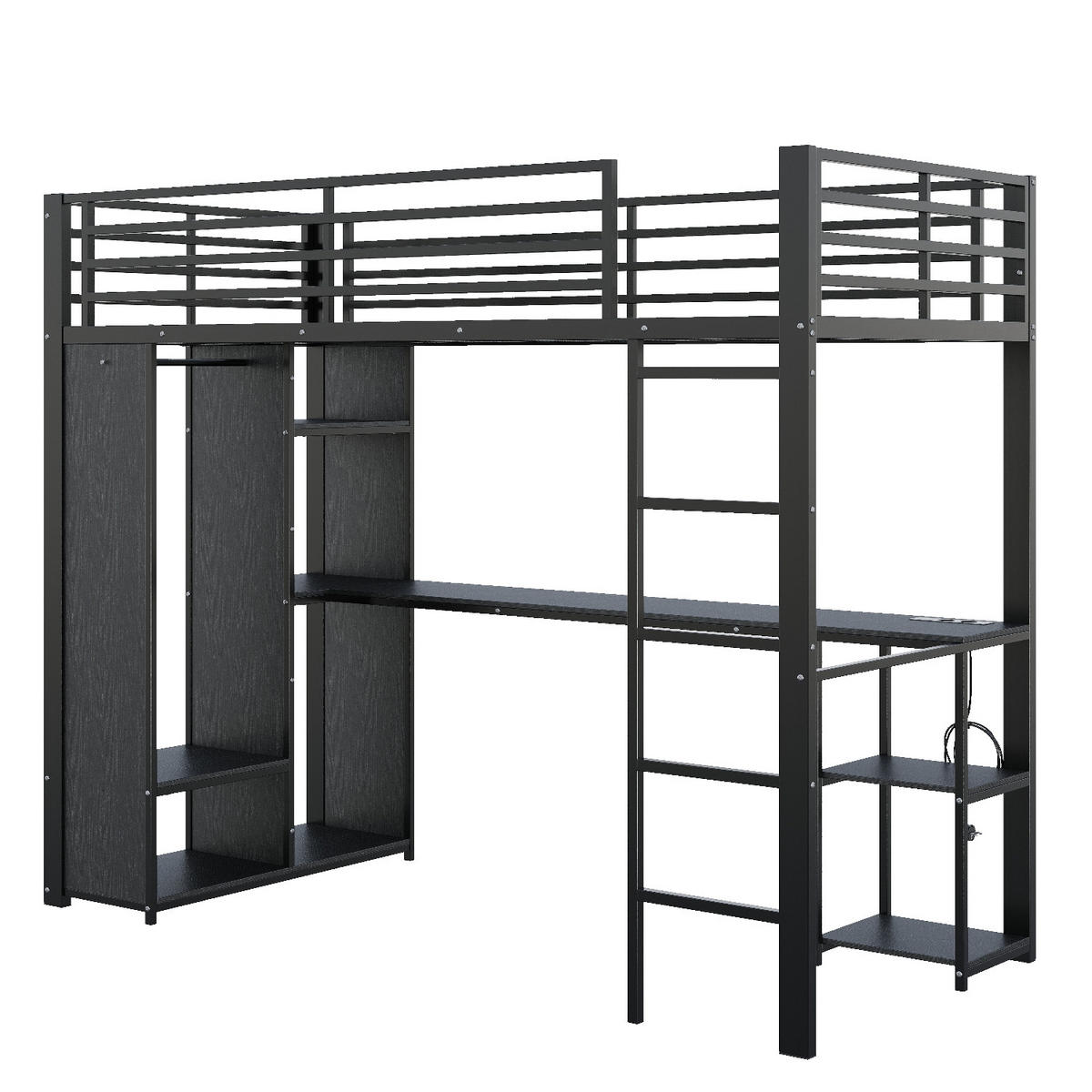 HOCHBETT 90/200 cm Schwarz mit LED-Lichtleiste, Schreibtisch und Offener Kleiderschrank - Schwarz, Metall (90/200cm) - Oxeza