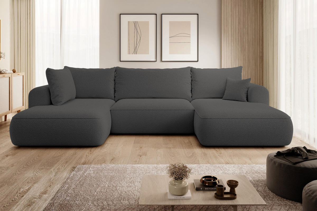 WOHNLANDSCHAFT Ovo Dunkelgrau Boucle - Dunkelgrau/Schwarz, Textil (375/95/185cm) - Selsey