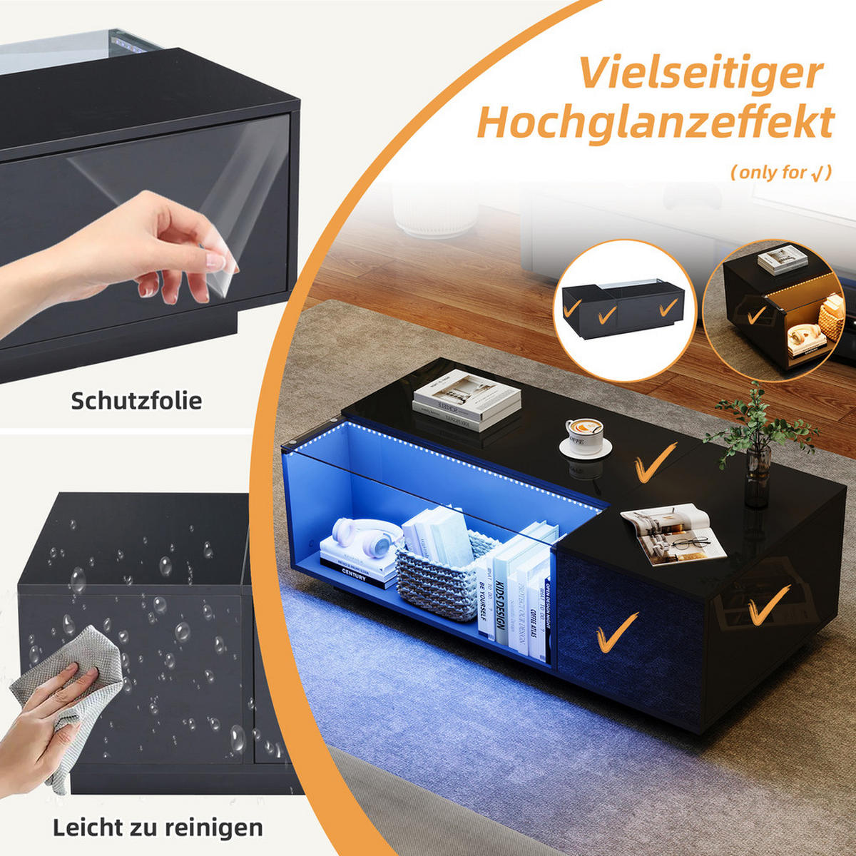 COUCHTISCH 100X50X35 cm LED Glas mit Stauraum und Schubladen - Schwarz, Holz (111.13/62.23/35cm) - FLIEKS