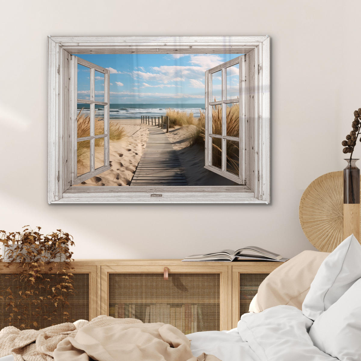 ACRYLGLASBILD Fenster - Meer - Küste - Natur - Ausblick - Strand - Wattenmeer 80x60 cm - Beige, Glas (80/60cm) - MuchoWow