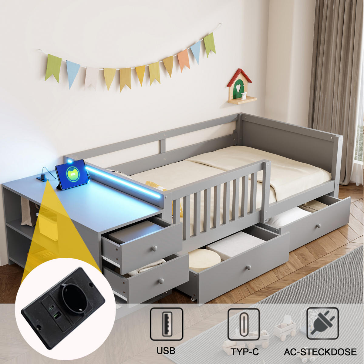 KINDERBETT 90/200 cm in Grau mit Stauraum, Schubladen, Regalen, LED, Steckdose und Sicherheitsgitter - Grau, Holzwerkstoff (90/200cm) - STILVORA