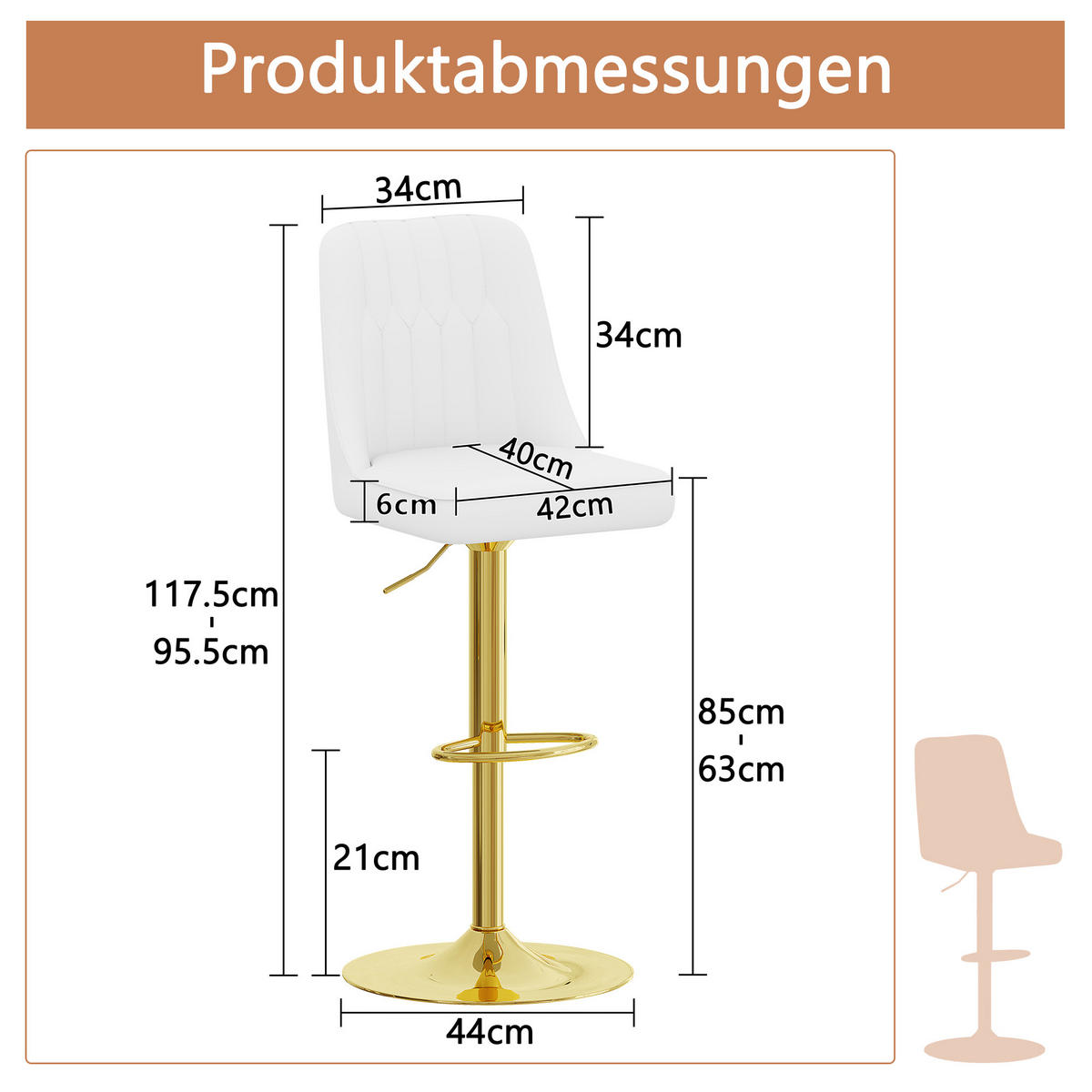 BARHOCKER 2er-Set Weiß & Gold höhenverstellbar 360° drehbar mit Rückenlehne - Weiß, Metall (44/95.5/44cm) - PANGIVO