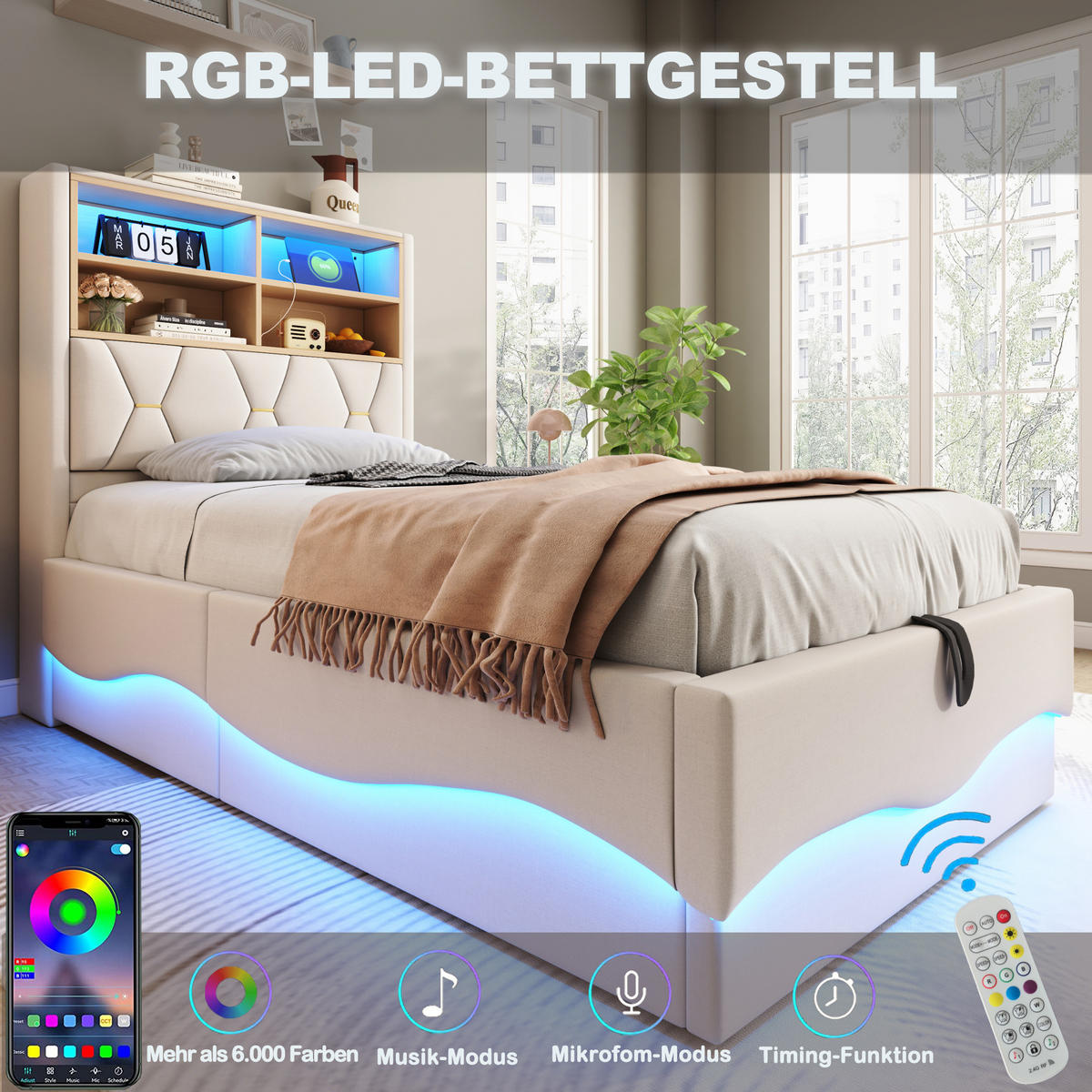 KINDERBETT 90/200 cm Beige aus Leinen und Metall mit LED-Beleuchtung und Stauraum - Beige, Metall (90/200cm) - OKMYHOME