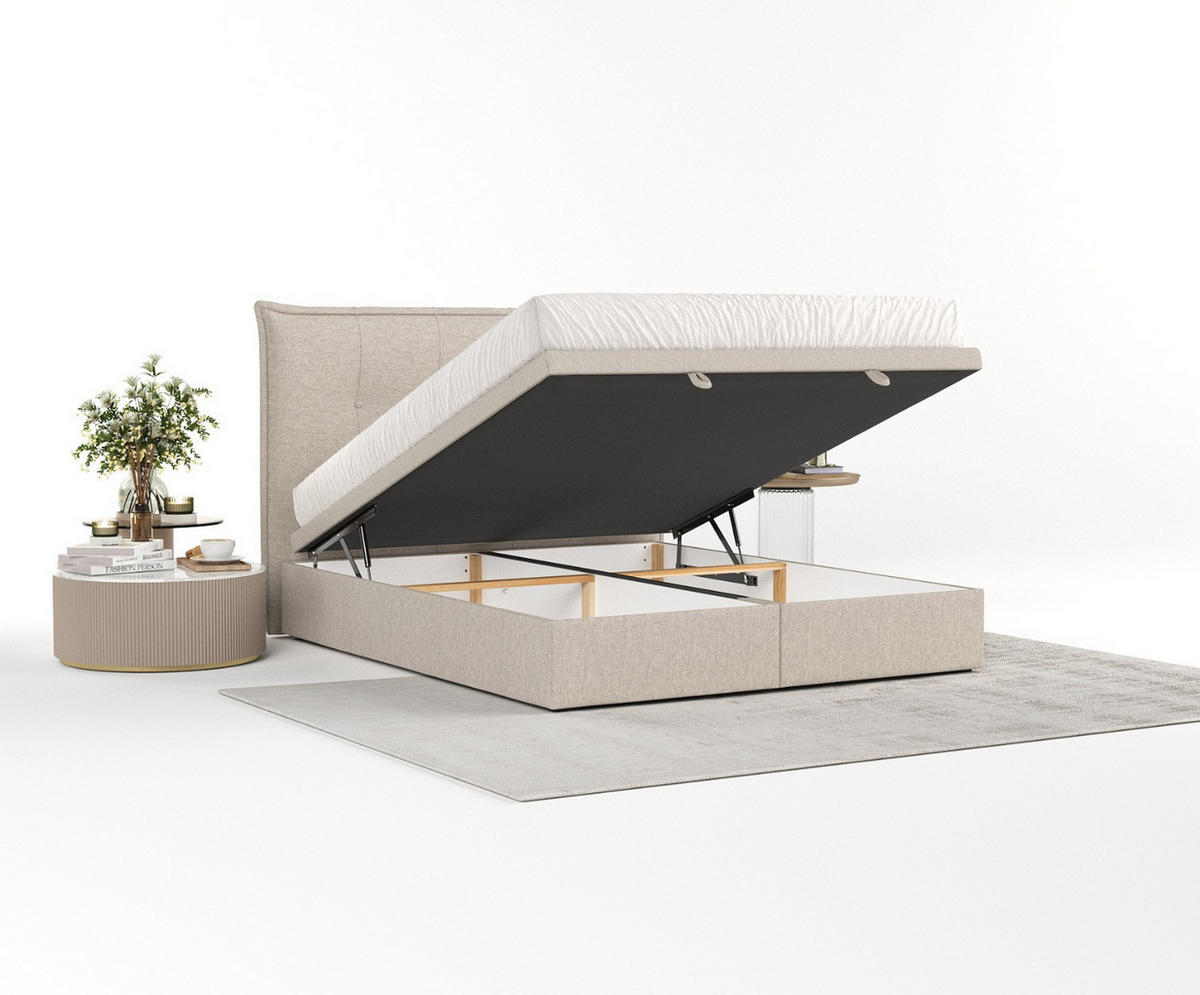 POLSTERBETT Liano mit Stauraum 200/200 cm Hellbeige im Megan Stoff - Sandfarben/Schwarz, Holz/Holzwerkstoff (200/200cm) - AltaBeds