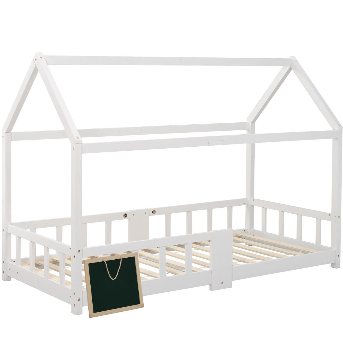HAUSBETT 90/200 cm aus Kiefernholz mit Tafel und Rausfallschutz - Weiß, Holz (90/200cm) - OKWISH
