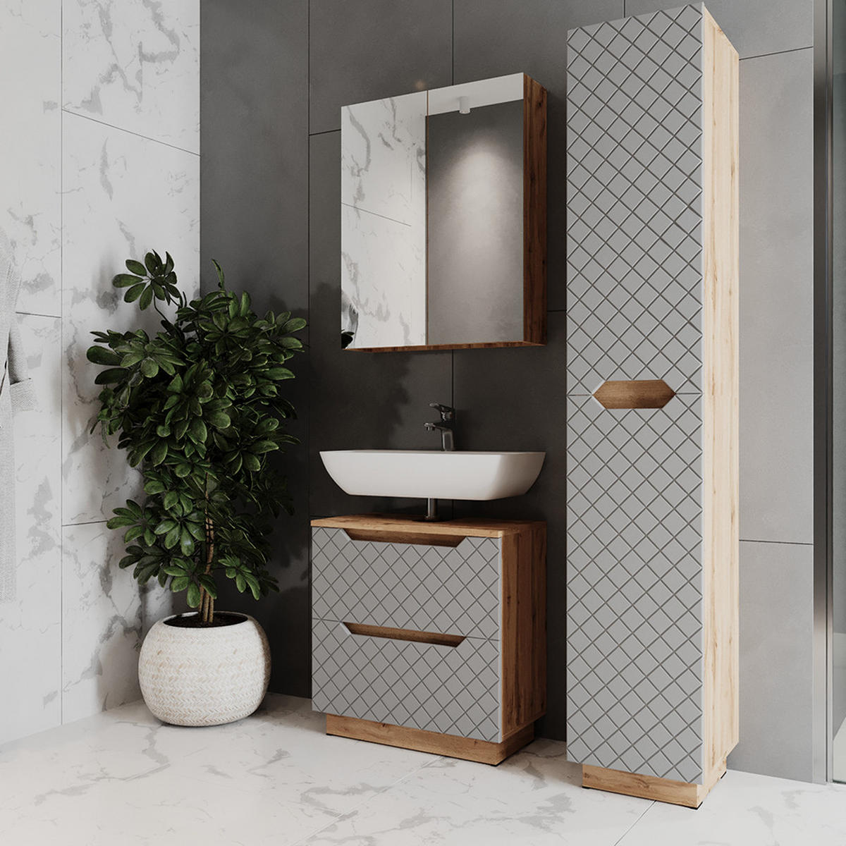 KOUPELNOVÝ NÁBYTEK Lotta Dub/šedá se strukturou dlaždic - šedá/barva dubu, kompozitní dřevo (59.8/62.5/32cm) - Vicco