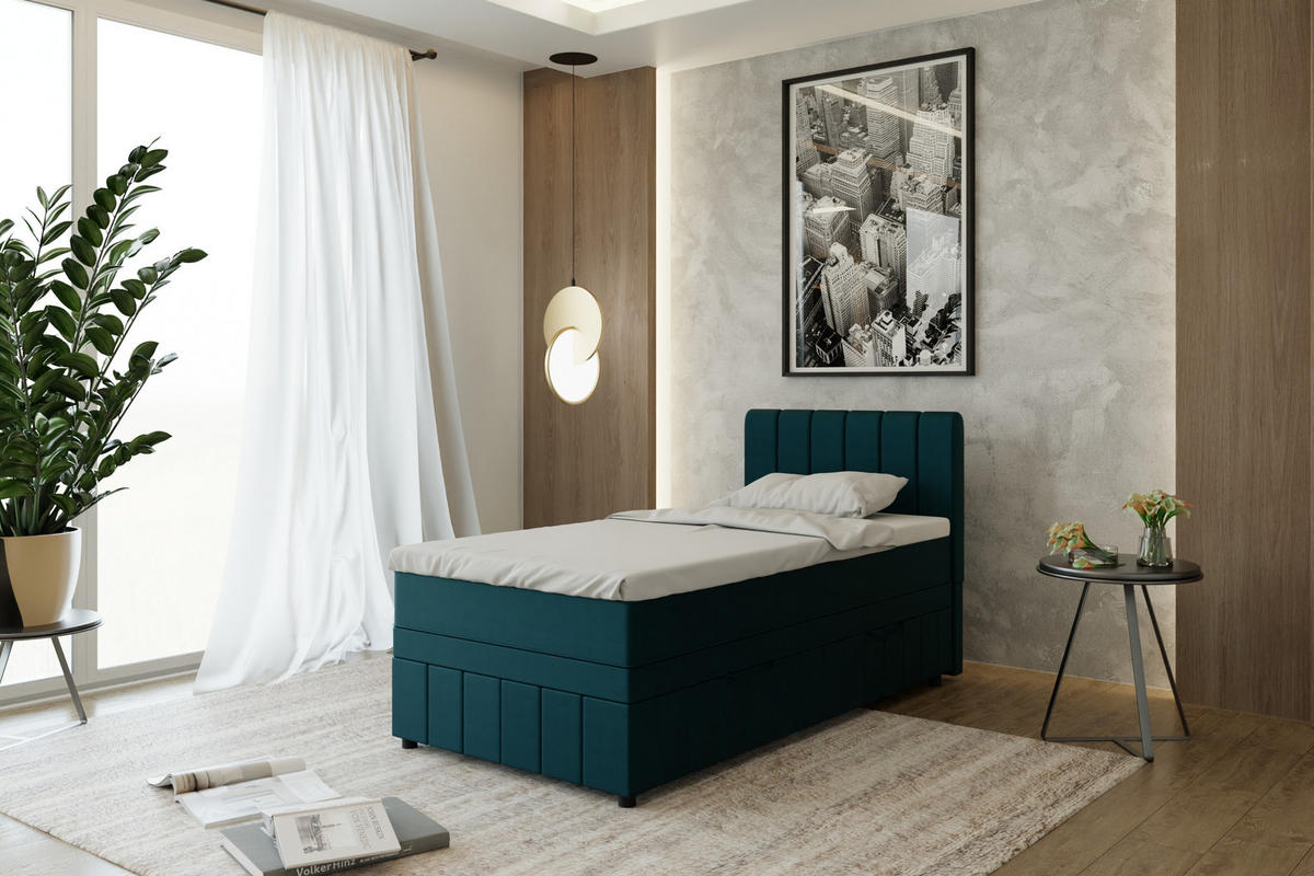 BOXBETT AVALON 100 x 200 cm mit Bettkasten und Topper - Türkis - Türkis, Holz - Panda Möbel