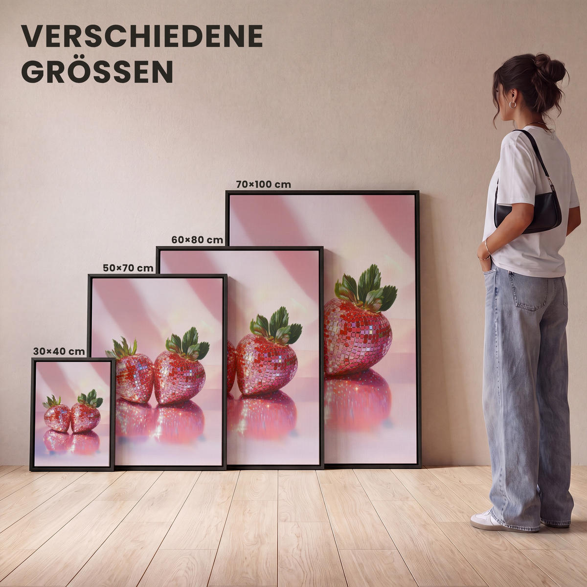 LEINWAND Bilder mit Rahmen - Disco - Obst - Glitzer - Erdbeere - 30x40 - Pink, Textil (30/40cm) - MuchoWow